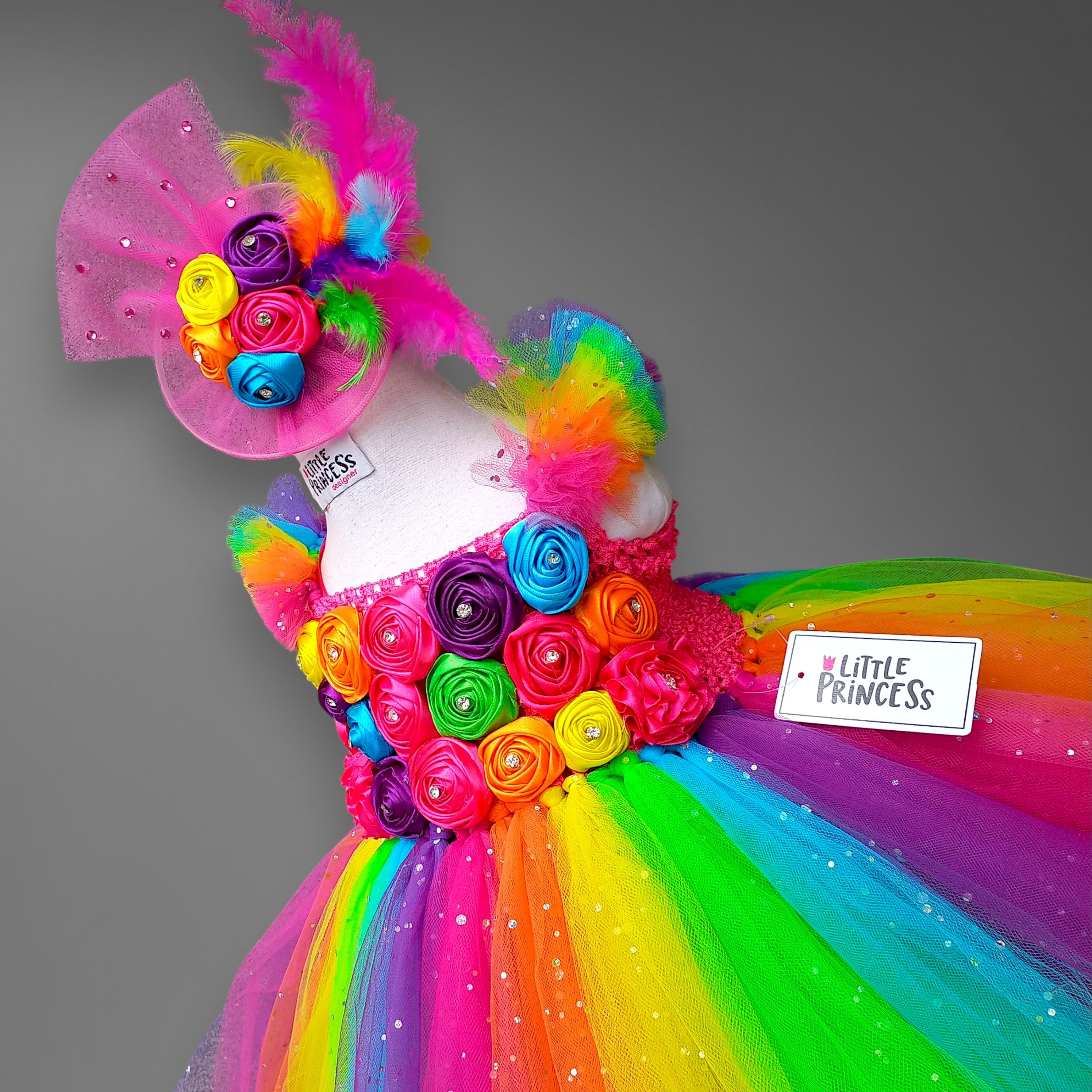 Rainbow Flowered Tutu Dress – handmade girls outfit, crochet body and net skirt, made to order in Pakistan