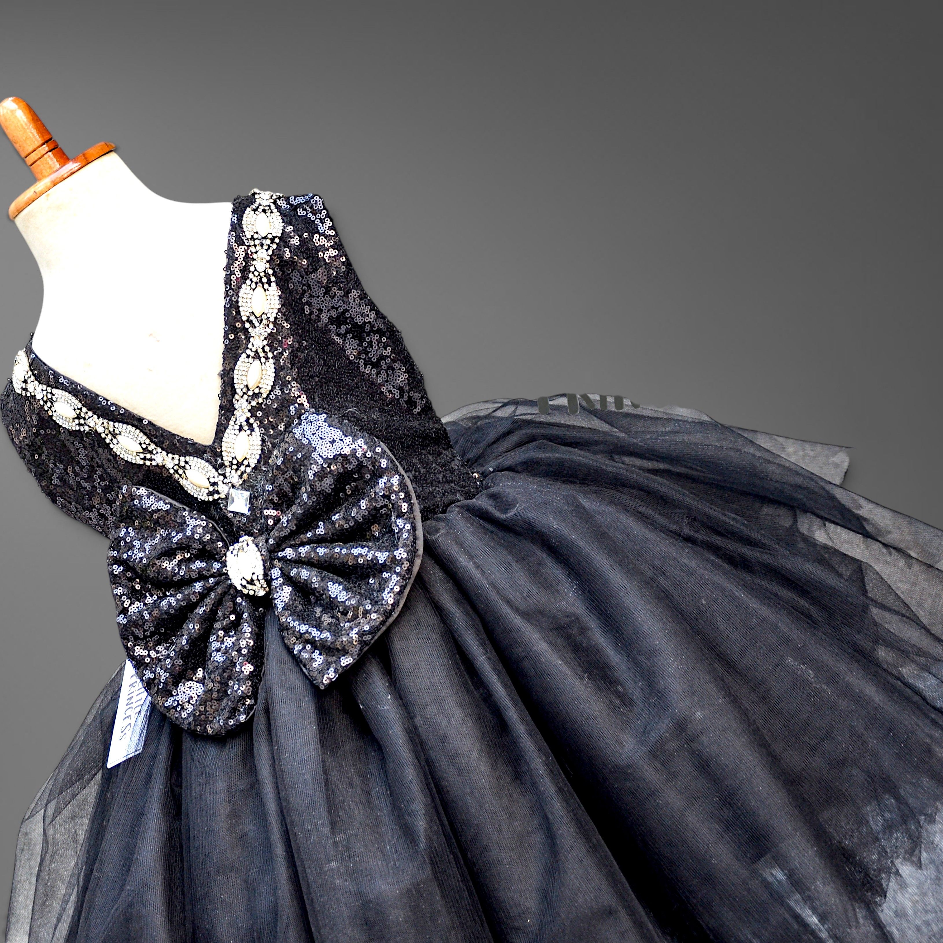 Black High Low Dress – handmade girls outfit, sequin body with a layered net skirt, made to order in Pakistan