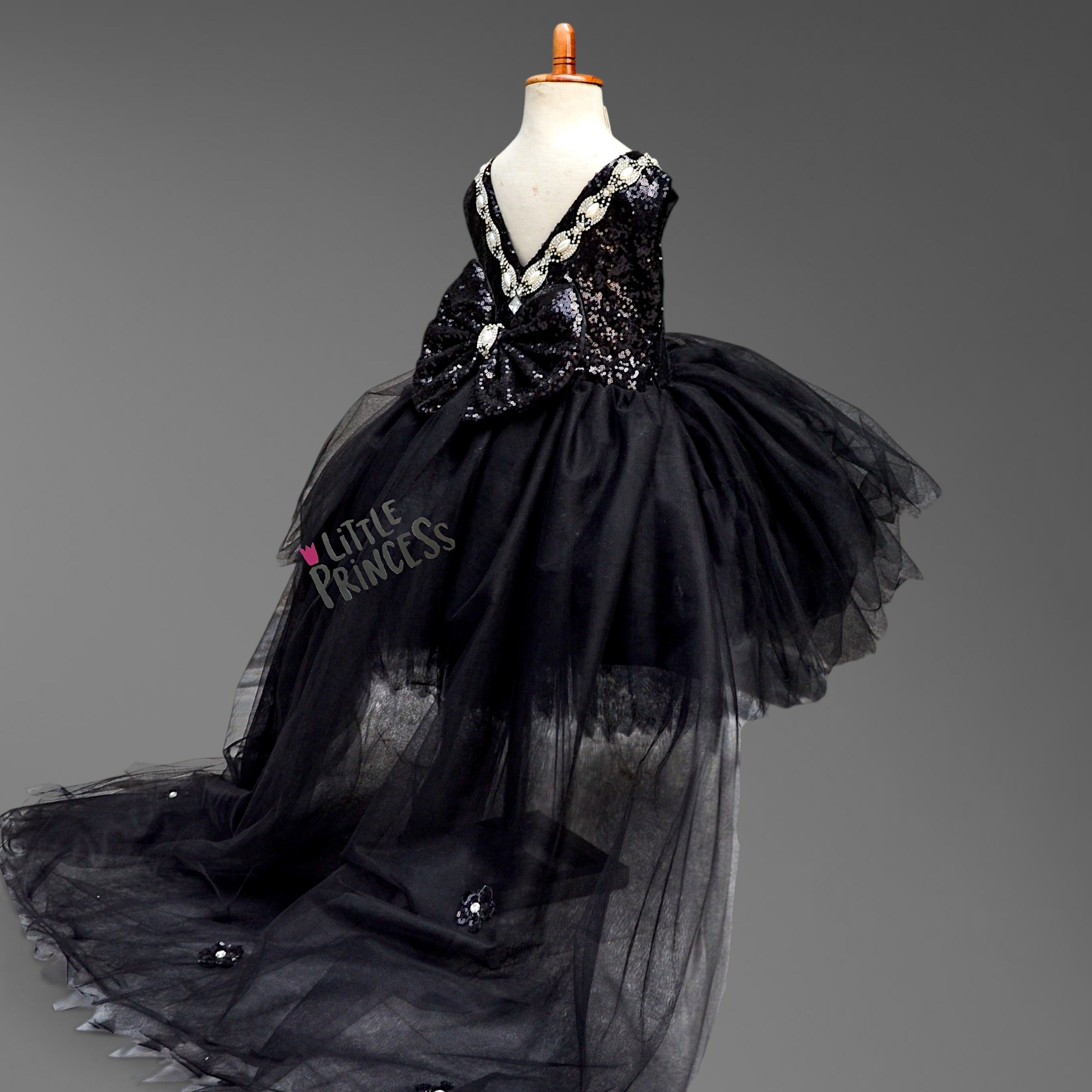 Black High Low Dress – handmade girls outfit, sequin body with a layered net skirt, made to order in Pakistan