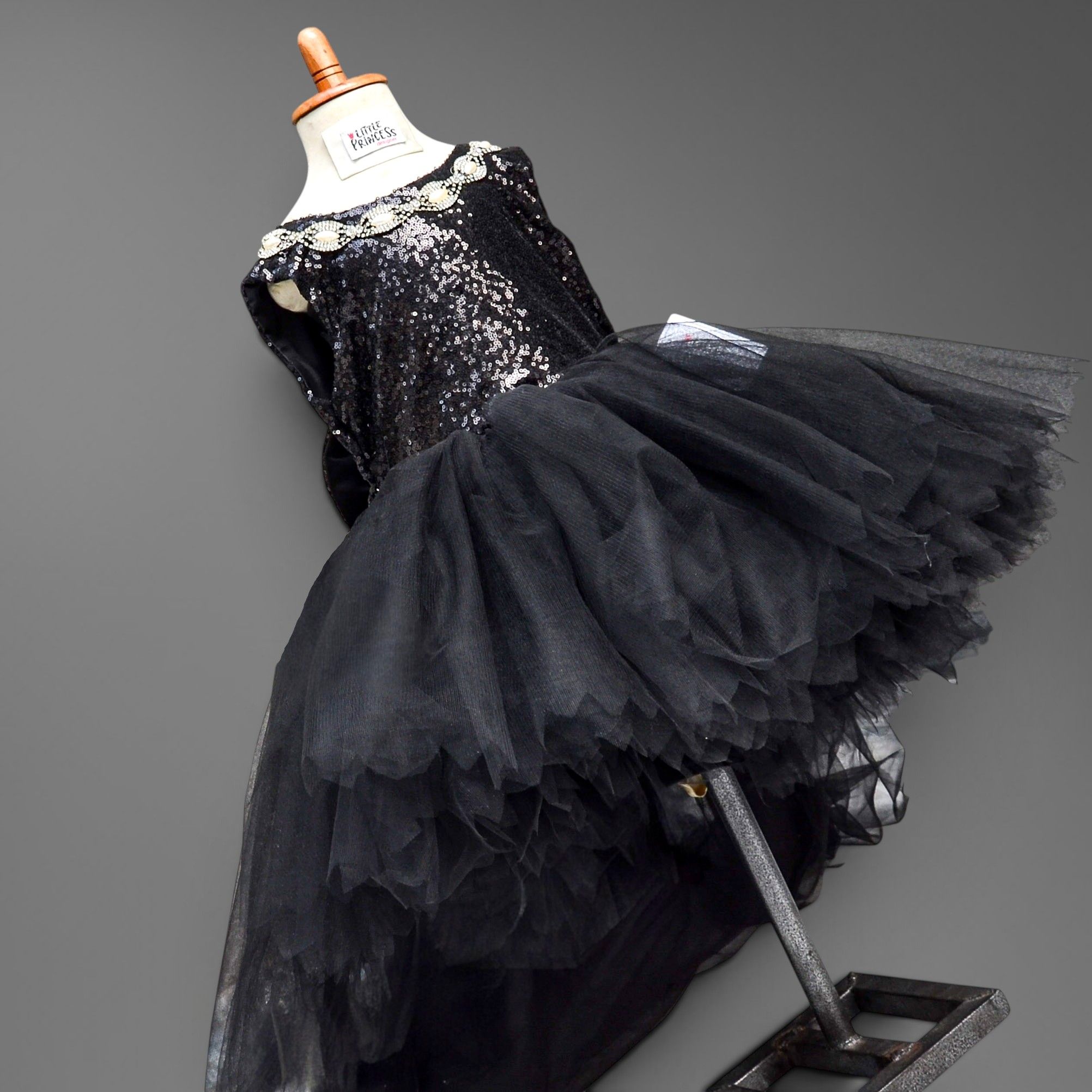 Black High Low Dress – handmade girls outfit, sequin body with a layered net skirt, made to order in Pakistan