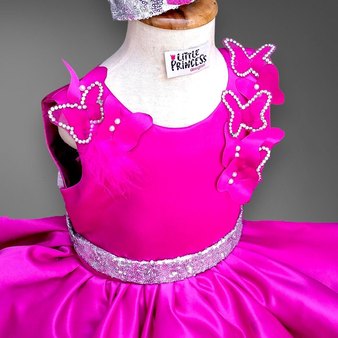 Magenta Butterfly Dress – handmade girls outfit, silk body with a layered net skirt, made to order in Pakistan