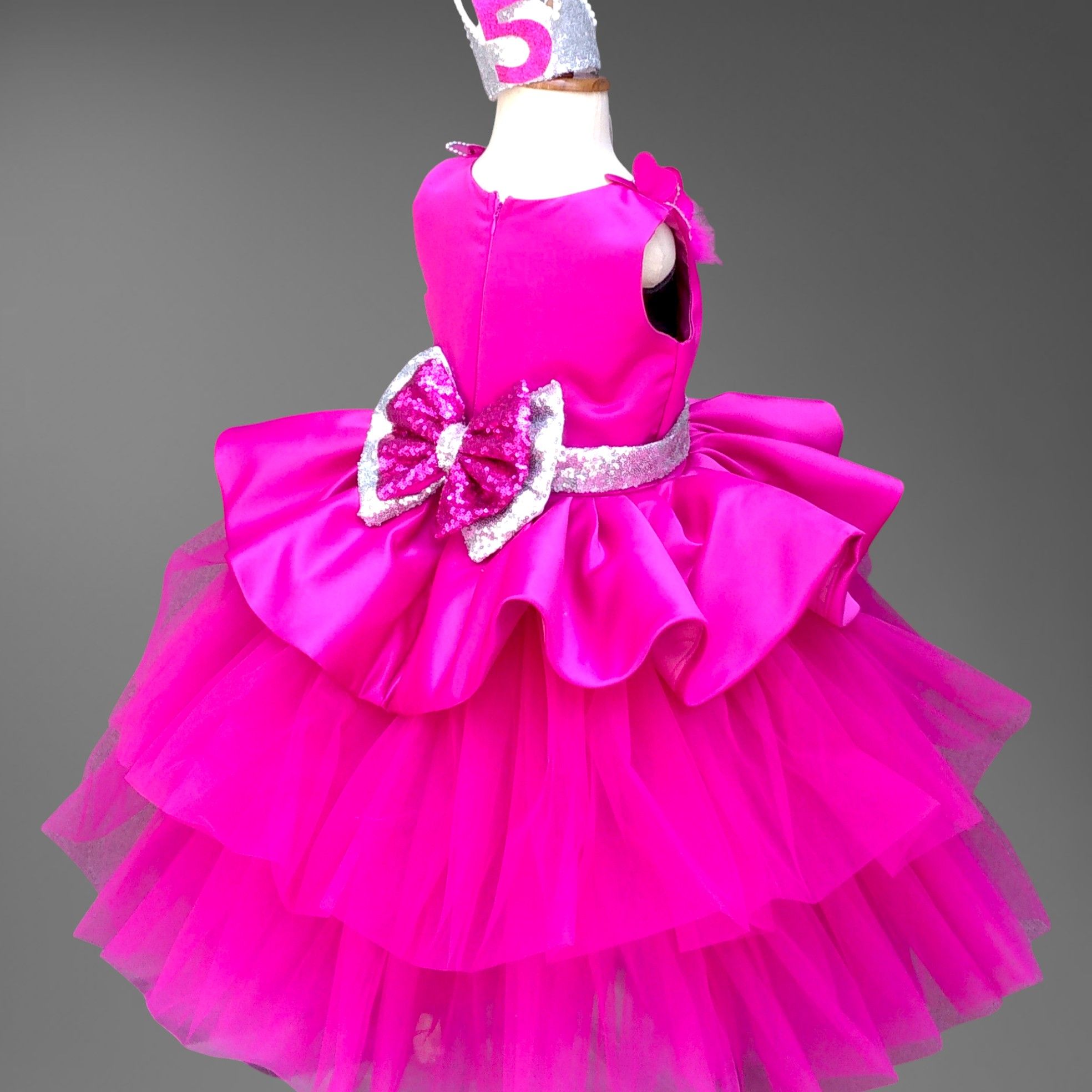 Magenta Butterfly Dress – handmade girls outfit, silk body with a layered net skirt, made to order in Pakistan