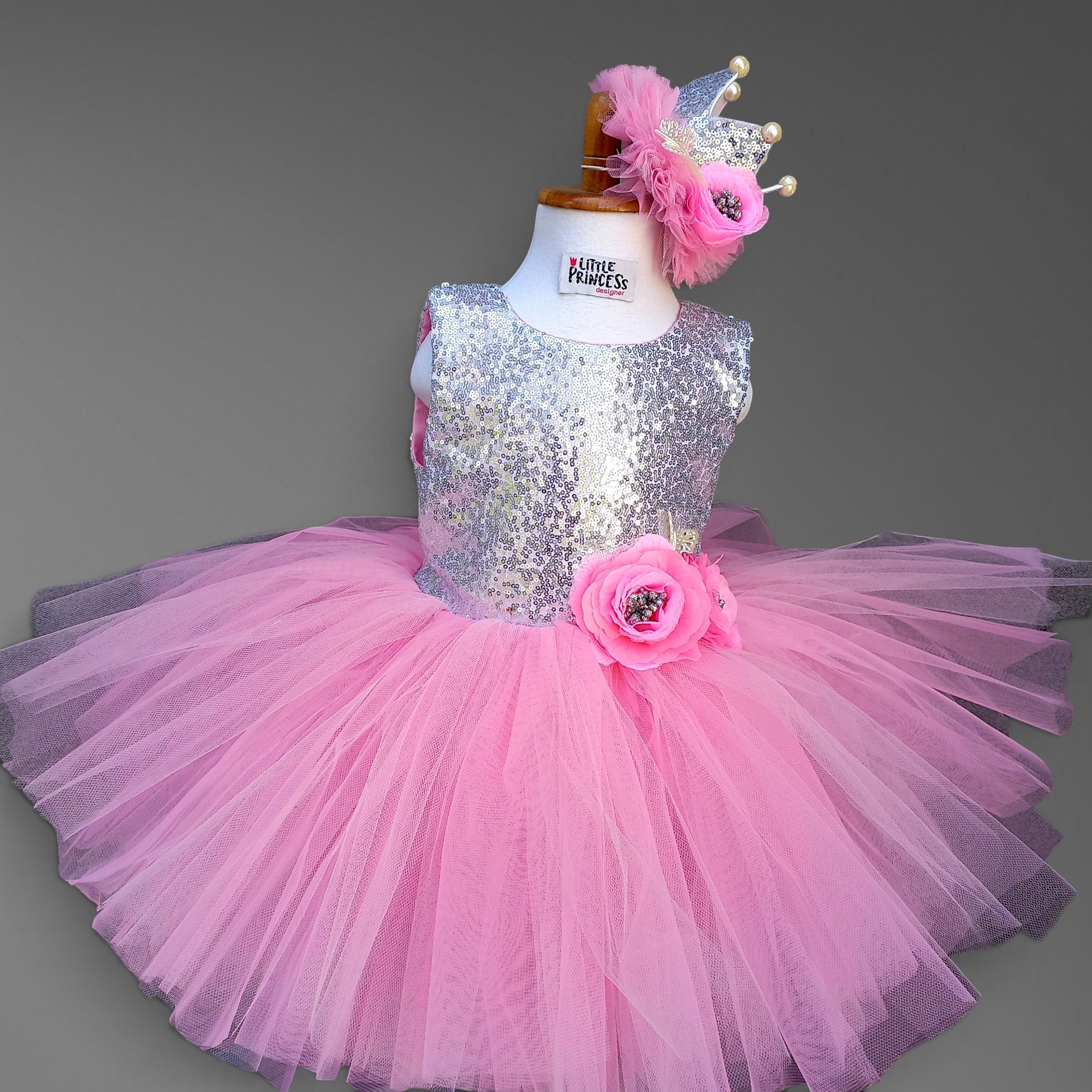 Sequin Pink Tutu Dress – handmade girls outfit, sequin body with a layered net tutu skirt, made to order in Pakistan