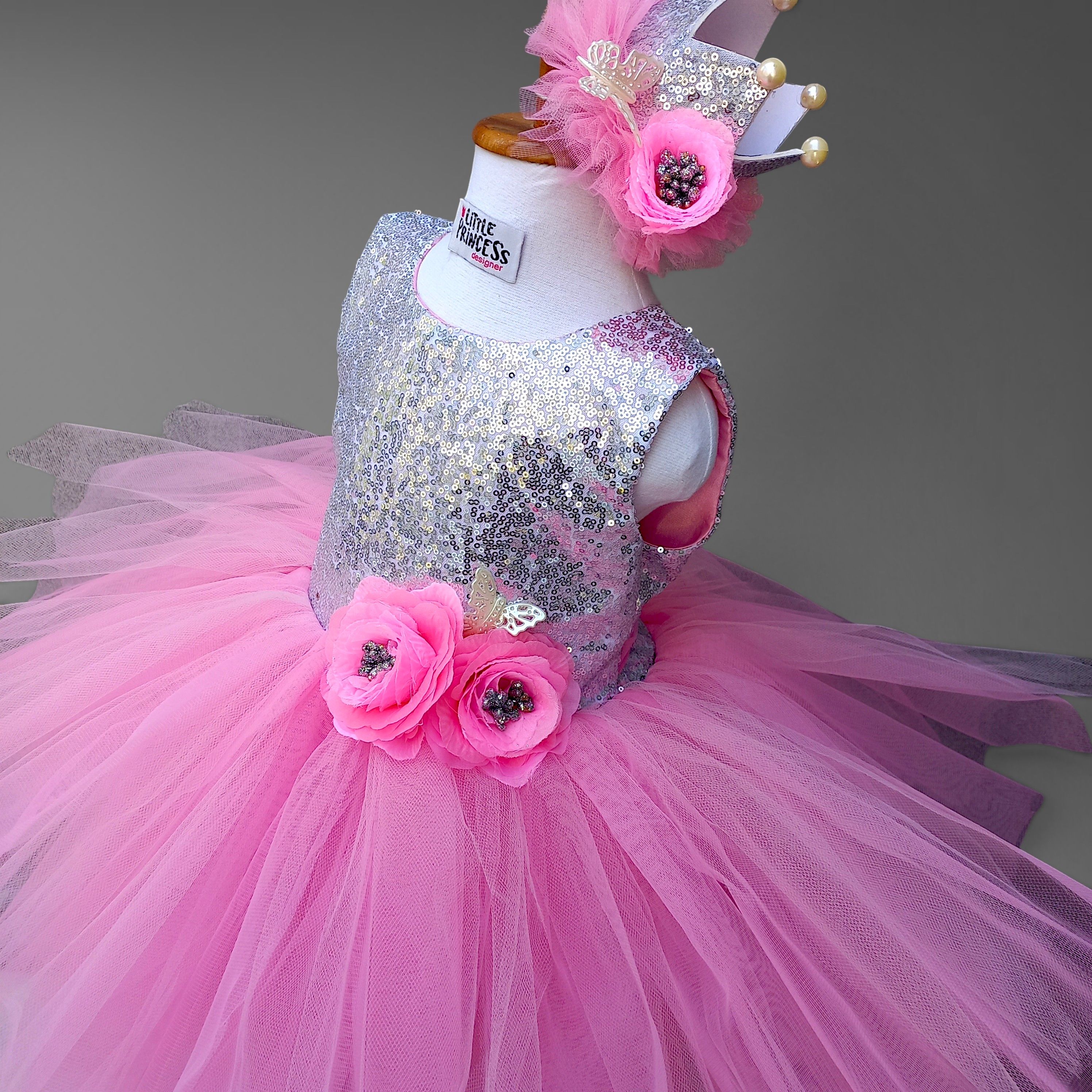 Sequin Pink Tutu Dress – handmade girls outfit, sequin body with a layered net tutu skirt, made to order in Pakistan