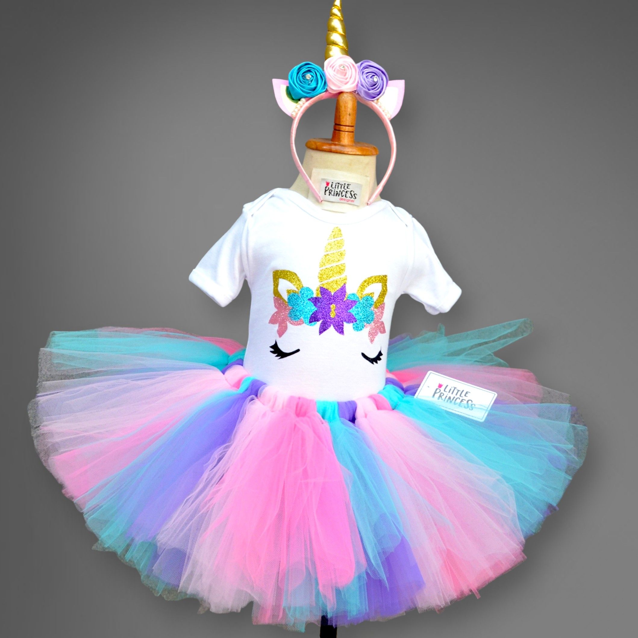 Unicorn Tutu Dress – handmade girls outfit, cotton shirt with a multicolor net tutu skirt, made to order in Pakistan
