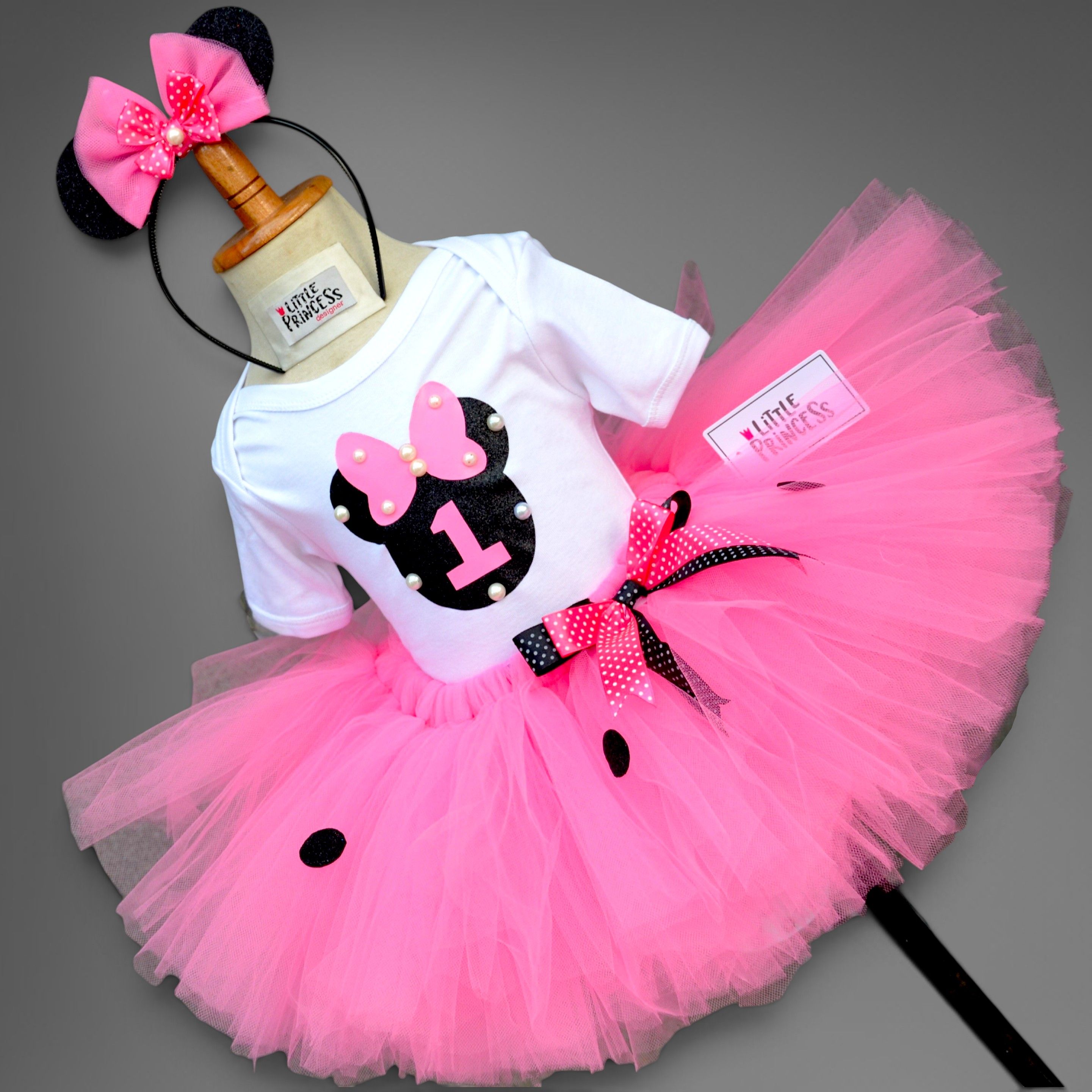 Minnie Mouse Tutu Skirt – handmade girls outfit, cotton shirt with a pink net tutu skirt, made to order in Pakistan