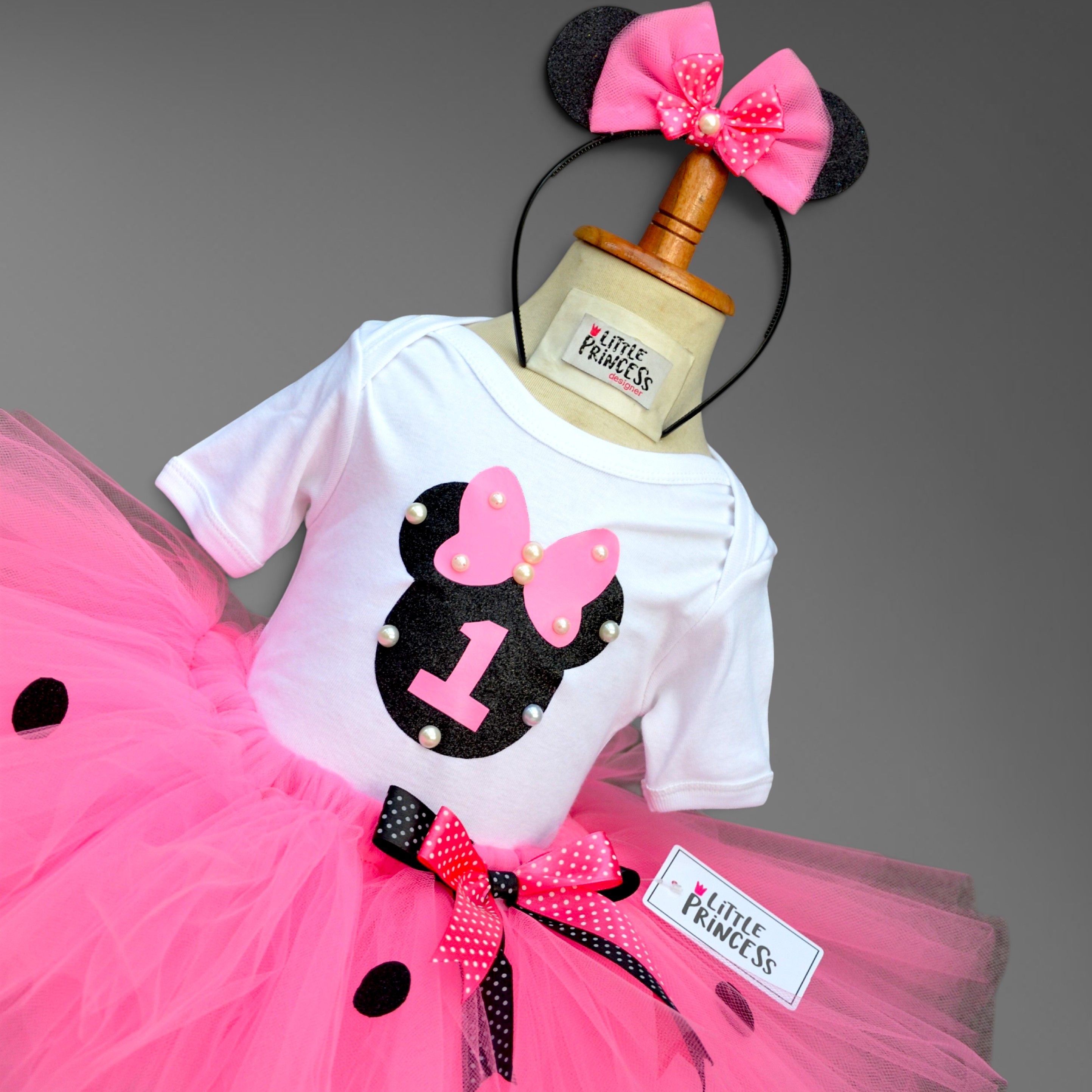 Minnie Mouse Tutu Skirt – handmade girls outfit, cotton shirt with a pink net tutu skirt, made to order in Pakistan