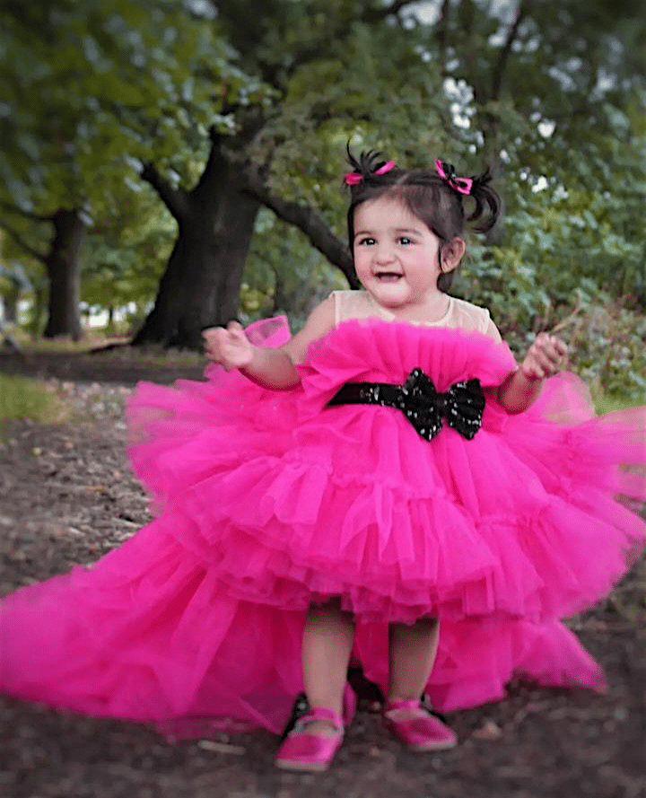 Barbie Net Ruffle Dress – handmade girls outfit, fitted body with a layered net ruffle skirt, made to order in Pakistan