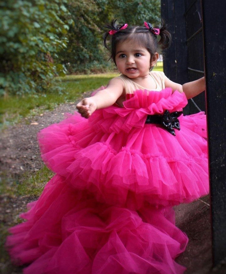 Barbie Net Ruffle Dress – handmade girls outfit, fitted body with a layered net ruffle skirt, made to order in Pakistan
