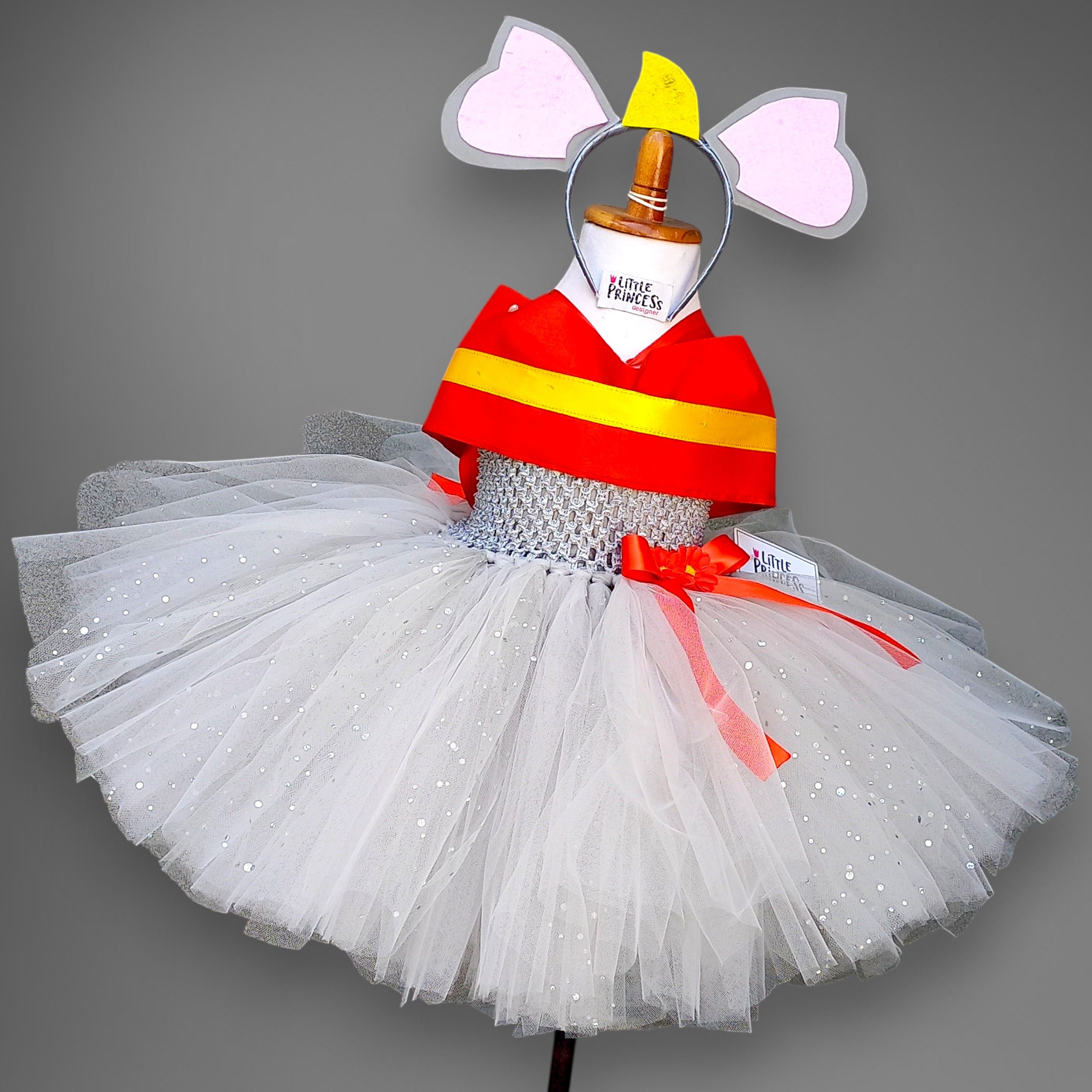 Dumbo Elephant Dress – handmade girls outfit, crochet body with a silk drape and net skirt, made to order in Pakistan
