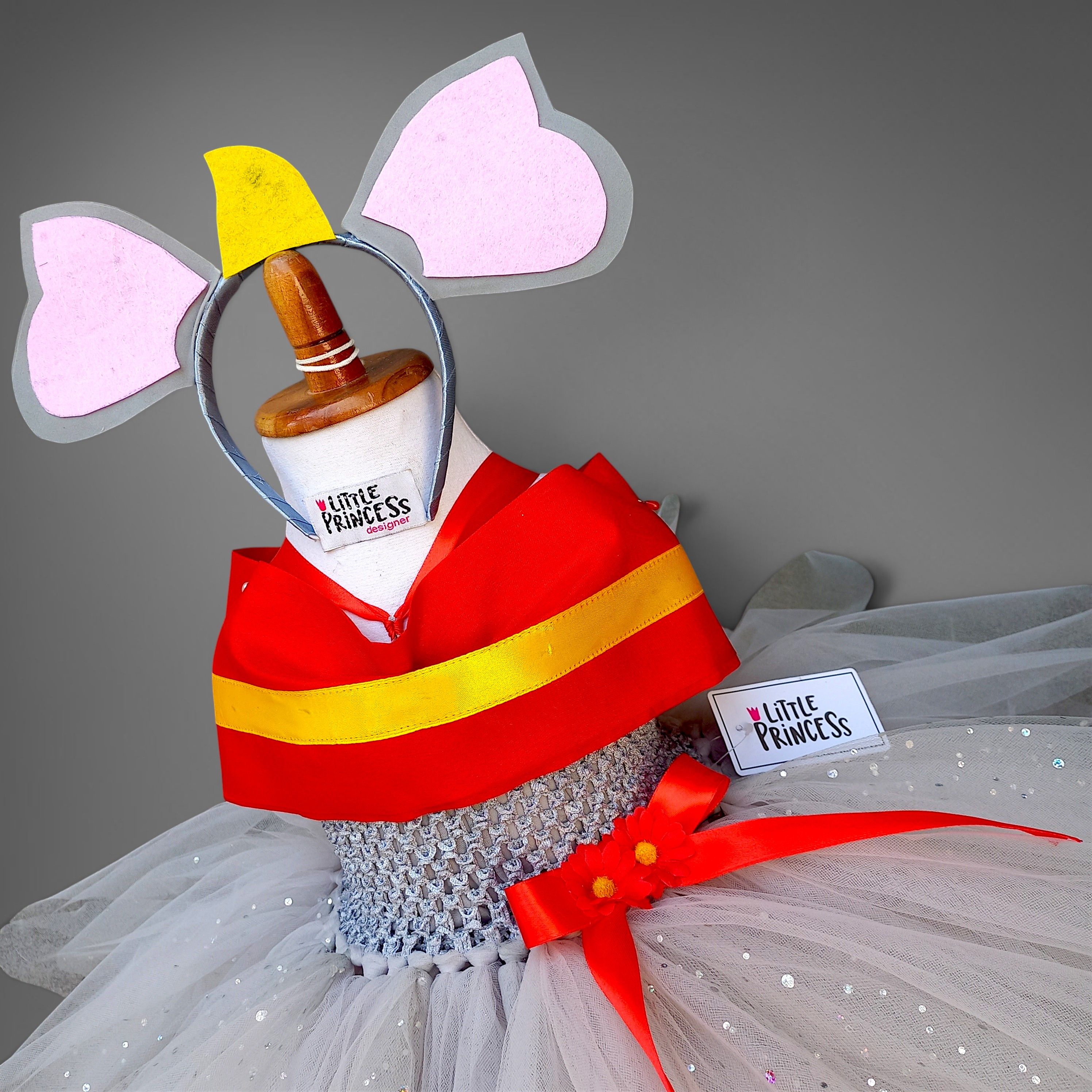 Dumbo Elephant Dress – handmade girls outfit, crochet body with a silk drape and net skirt, made to order in Pakistan