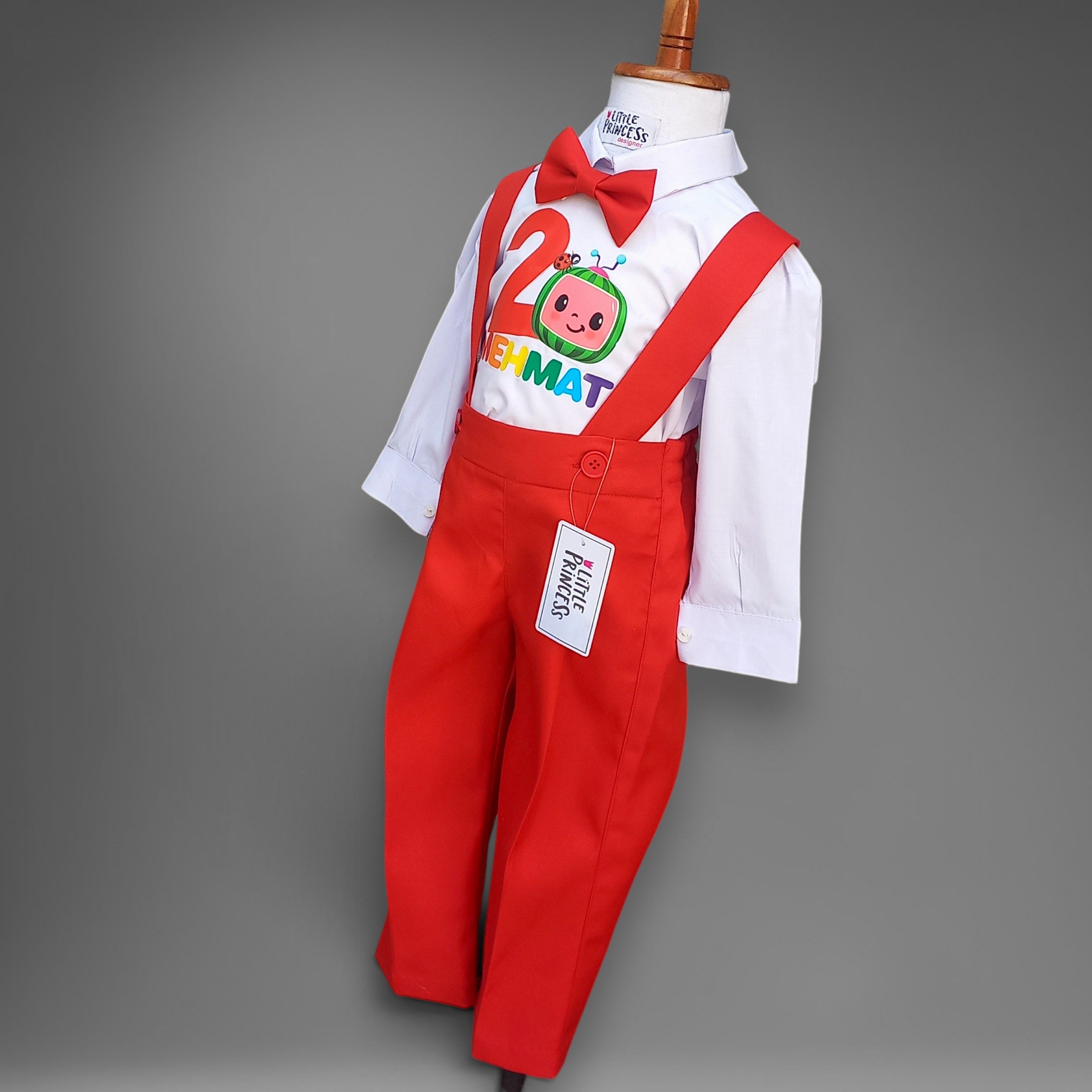 Cocomelon Red Outfit Boys – handmade boys outfit, uniform shirt with silk suspender pants, made to order in Pakistan