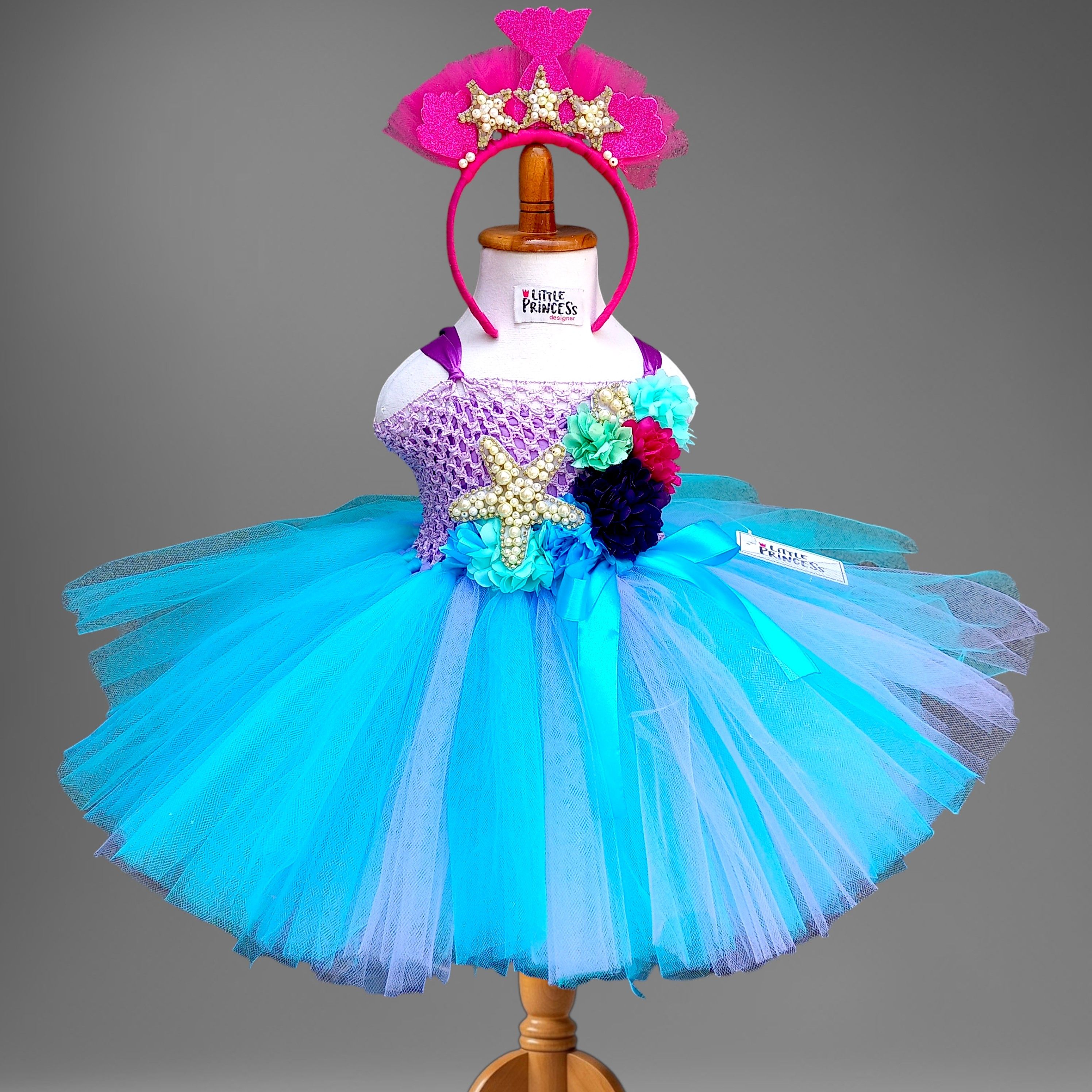 Sea Crochet Tutu Dress – handmade girls outfit, crochet body with a layered net tutu skirt, made to order in Pakistan