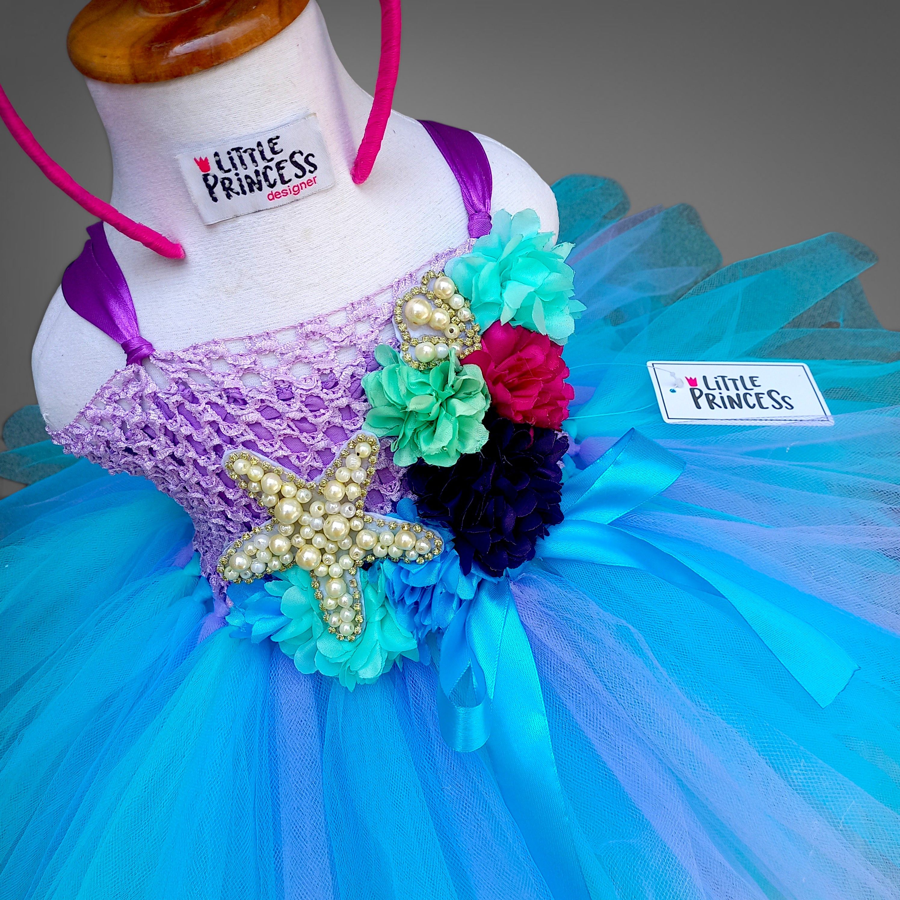Sea Crochet Tutu Dress – handmade girls outfit, crochet body with a layered net tutu skirt, made to order in Pakistan