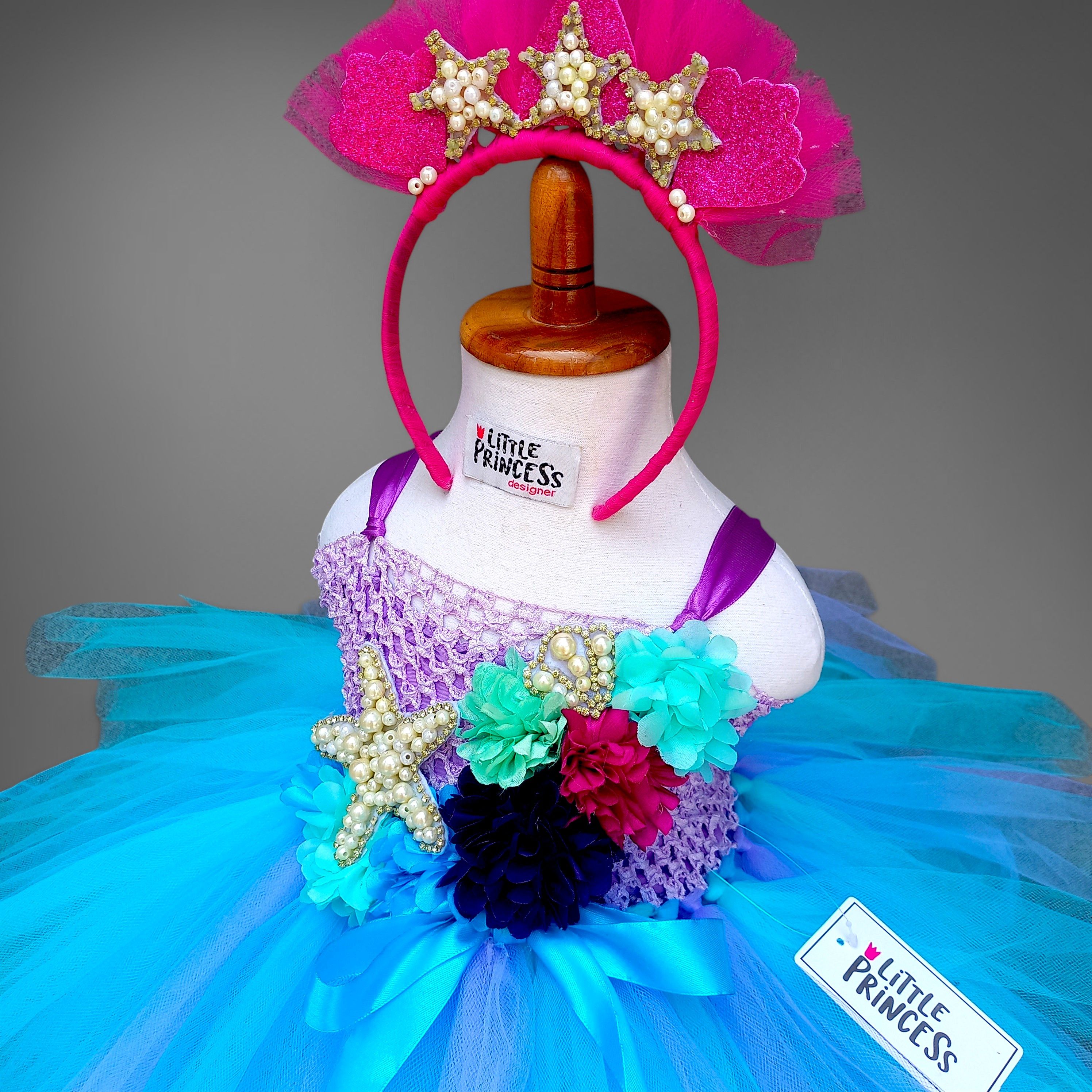 Sea Crochet Tutu Dress – handmade girls outfit, crochet body with a layered net tutu skirt, made to order in Pakistan