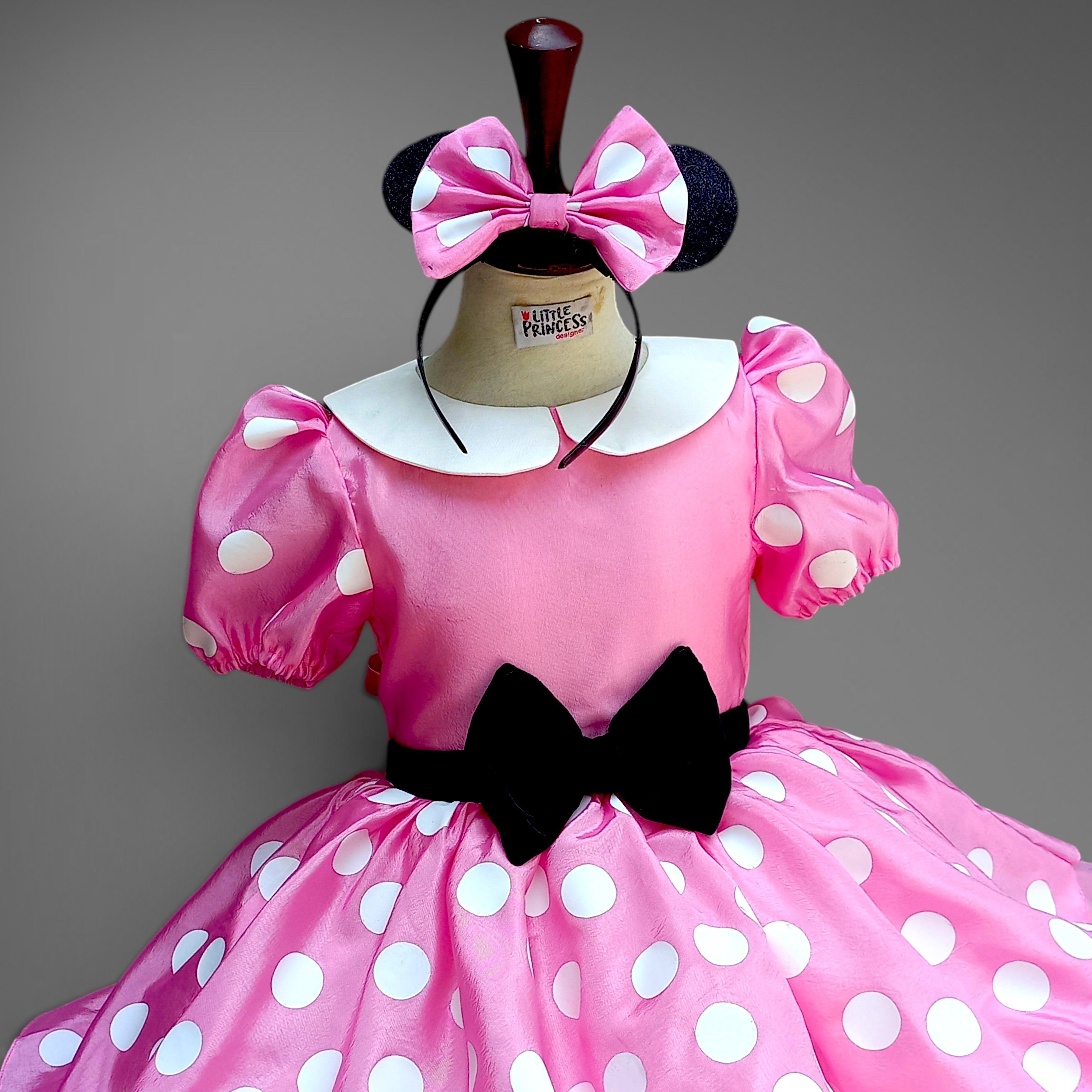 Minnie Mouse Polka Frock – handmade girls outfit, silk fabric with a fitted bodice and full skirt, made to order in Pakistan