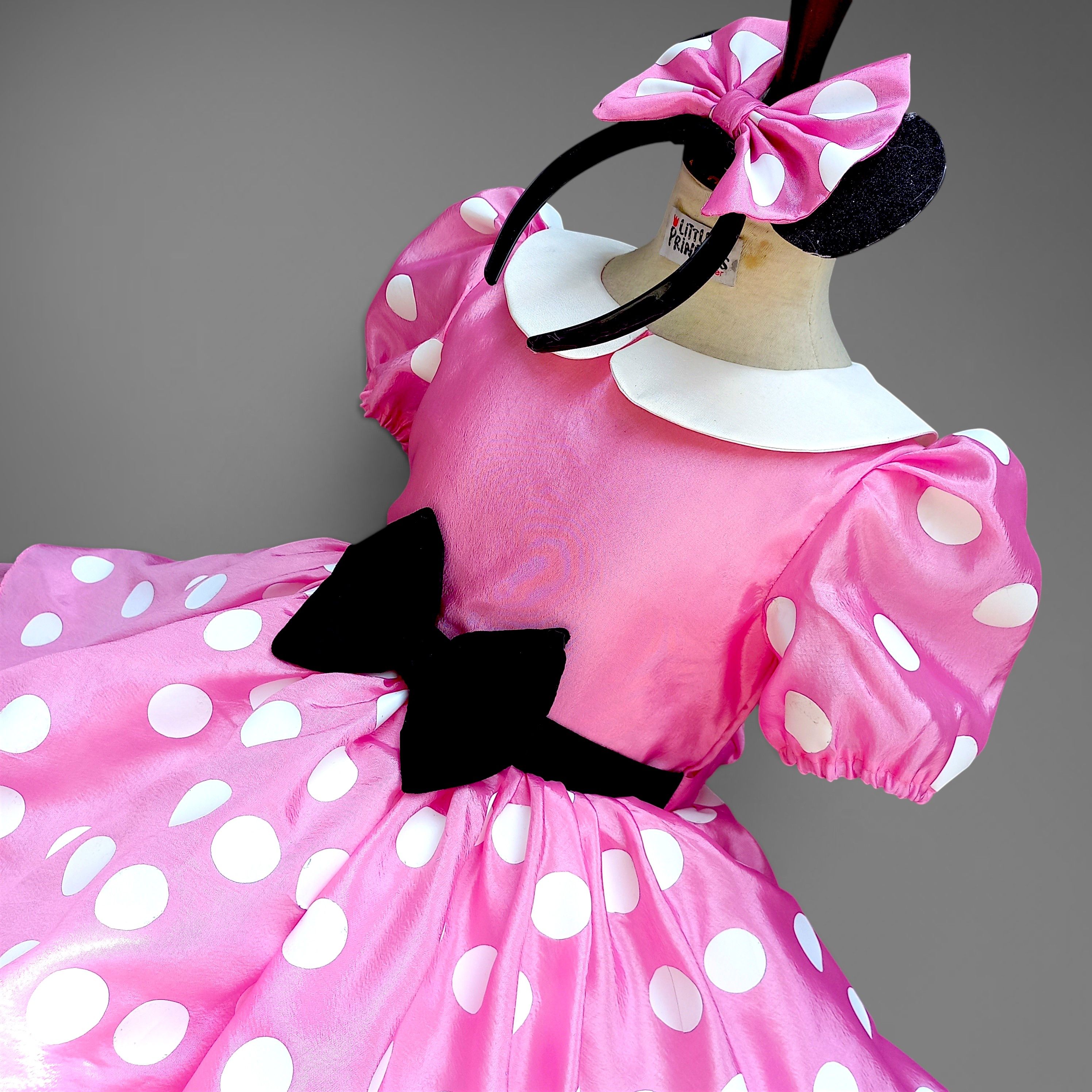 Minnie Mouse Polka Frock – handmade girls outfit, silk fabric with a fitted bodice and full skirt, made to order in Pakistan