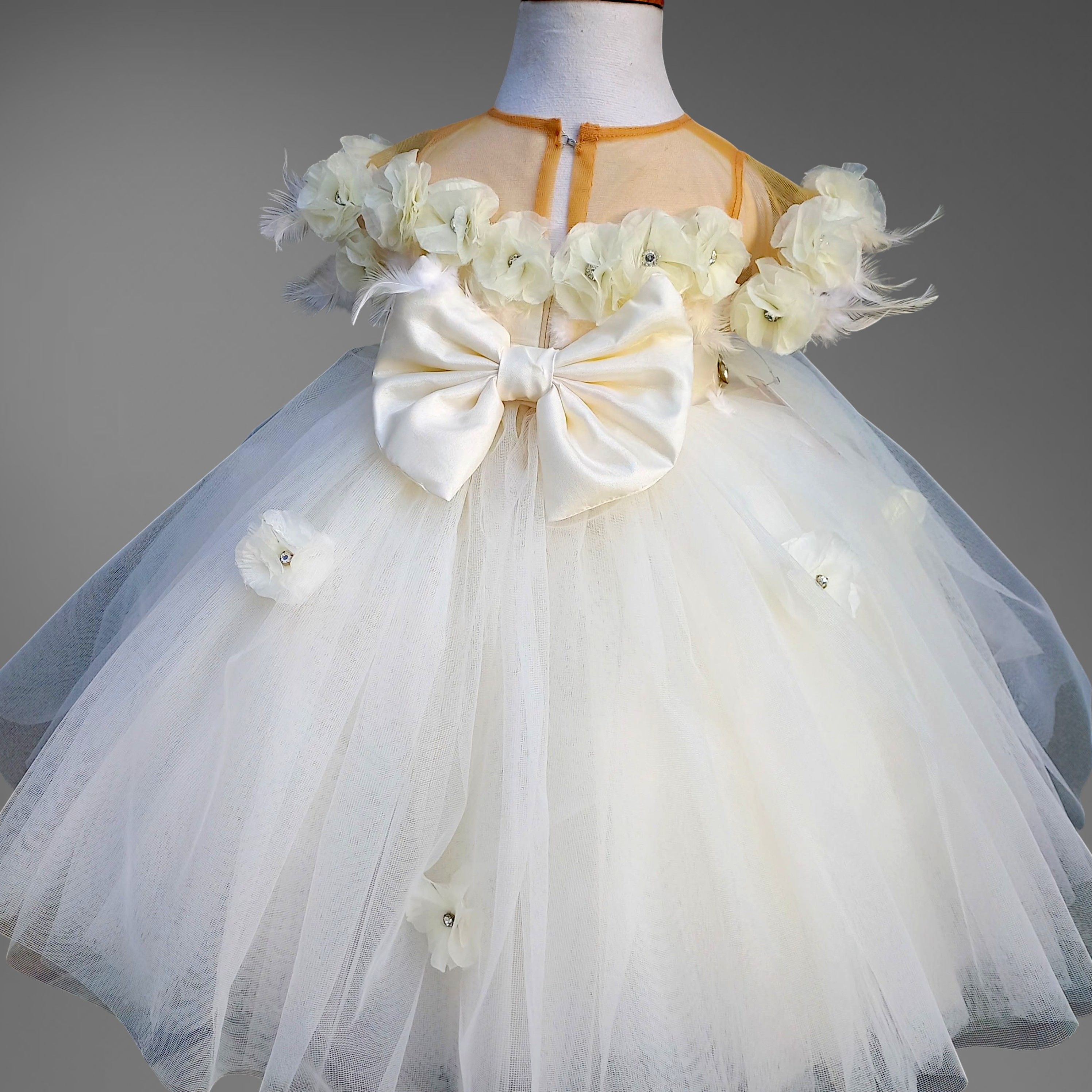 White Floral Dress – handmade girls outfit, silk body with a full net skirt, made to order in Pakistan