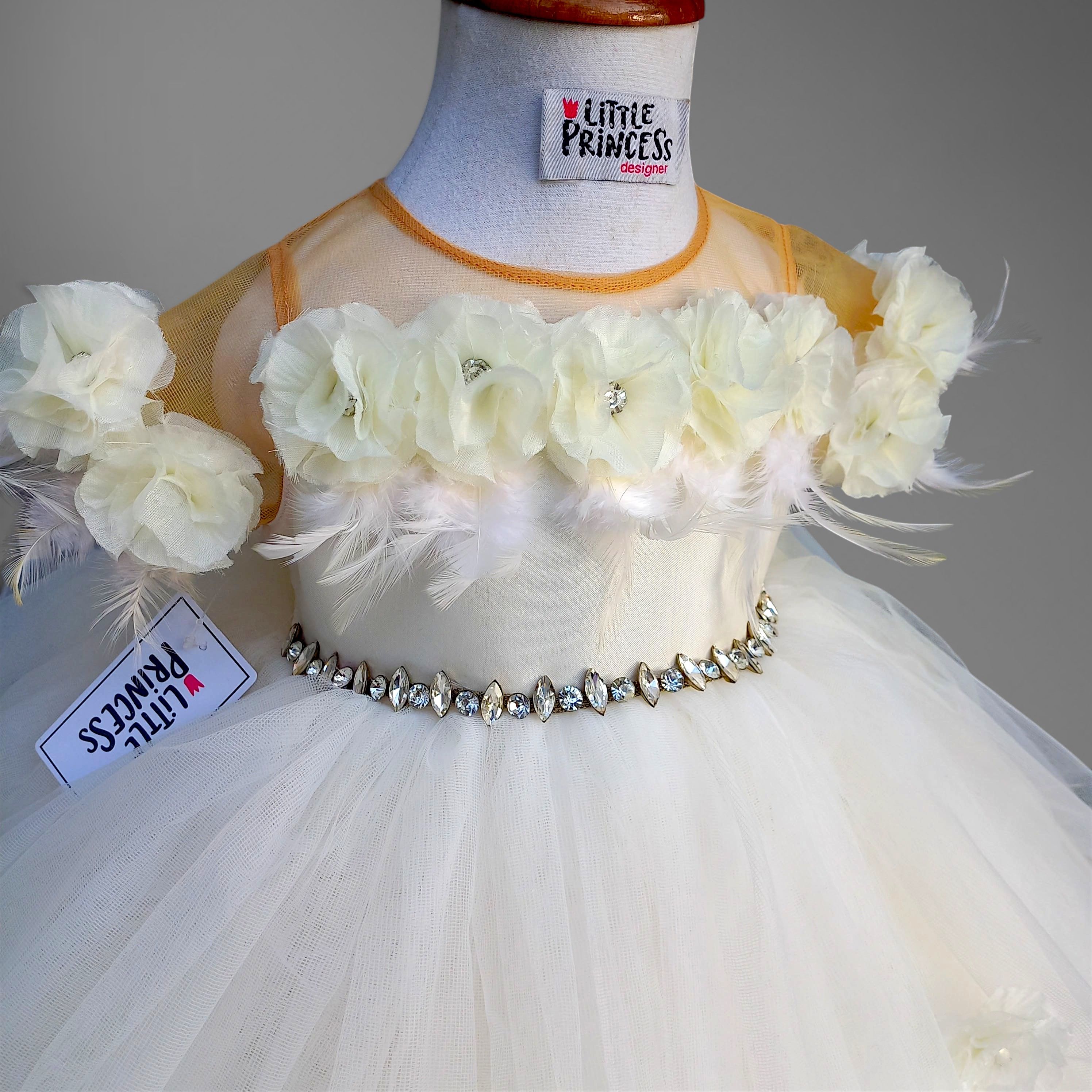 White Floral Dress – handmade girls outfit, silk body with a full net skirt, made to order in Pakistan