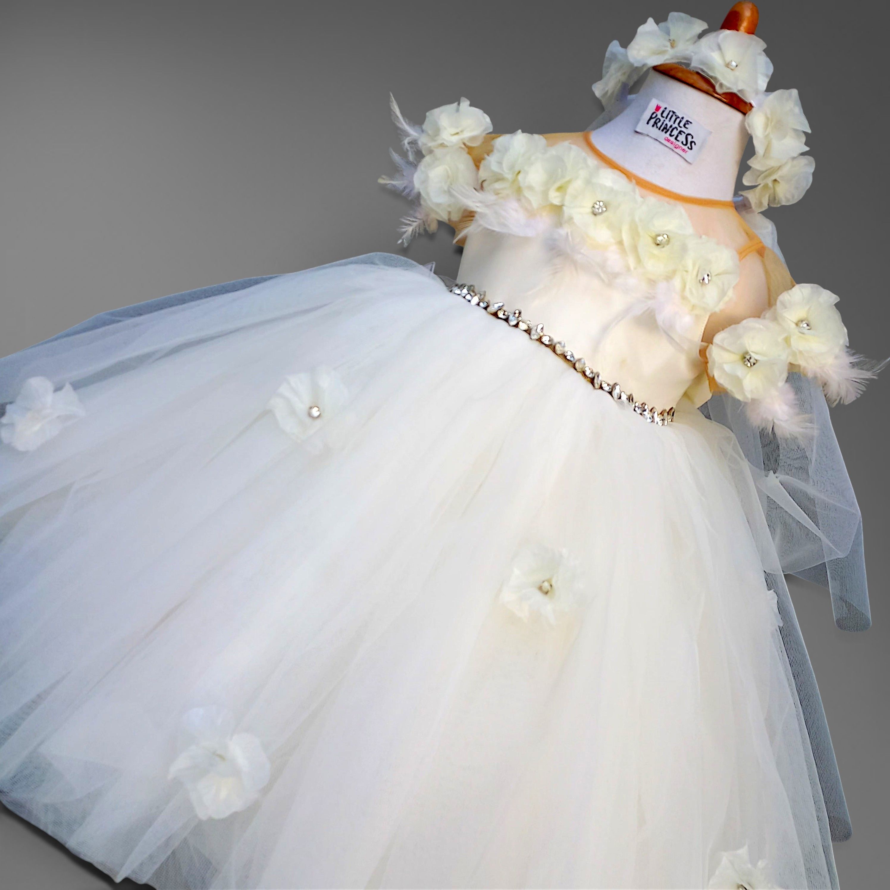 White Floral Dress – handmade girls outfit, silk body with a full net skirt, made to order in Pakistan