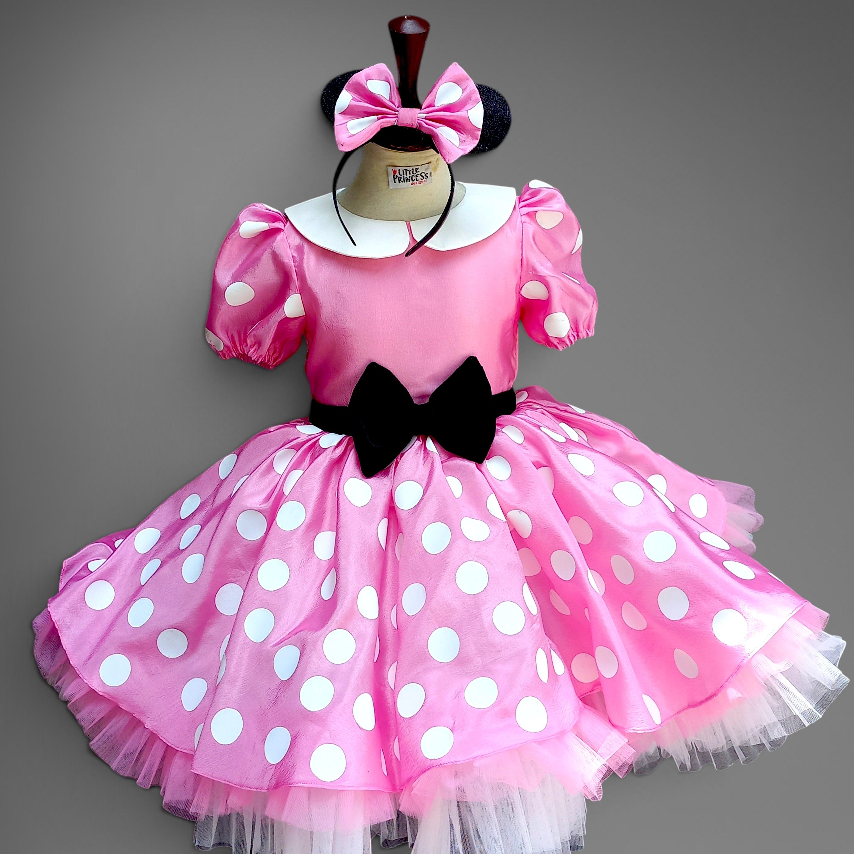 Minnie Mouse Polka Frock – handmade girls outfit, silk fabric with a fitted bodice and full skirt, made to order in Pakistan
