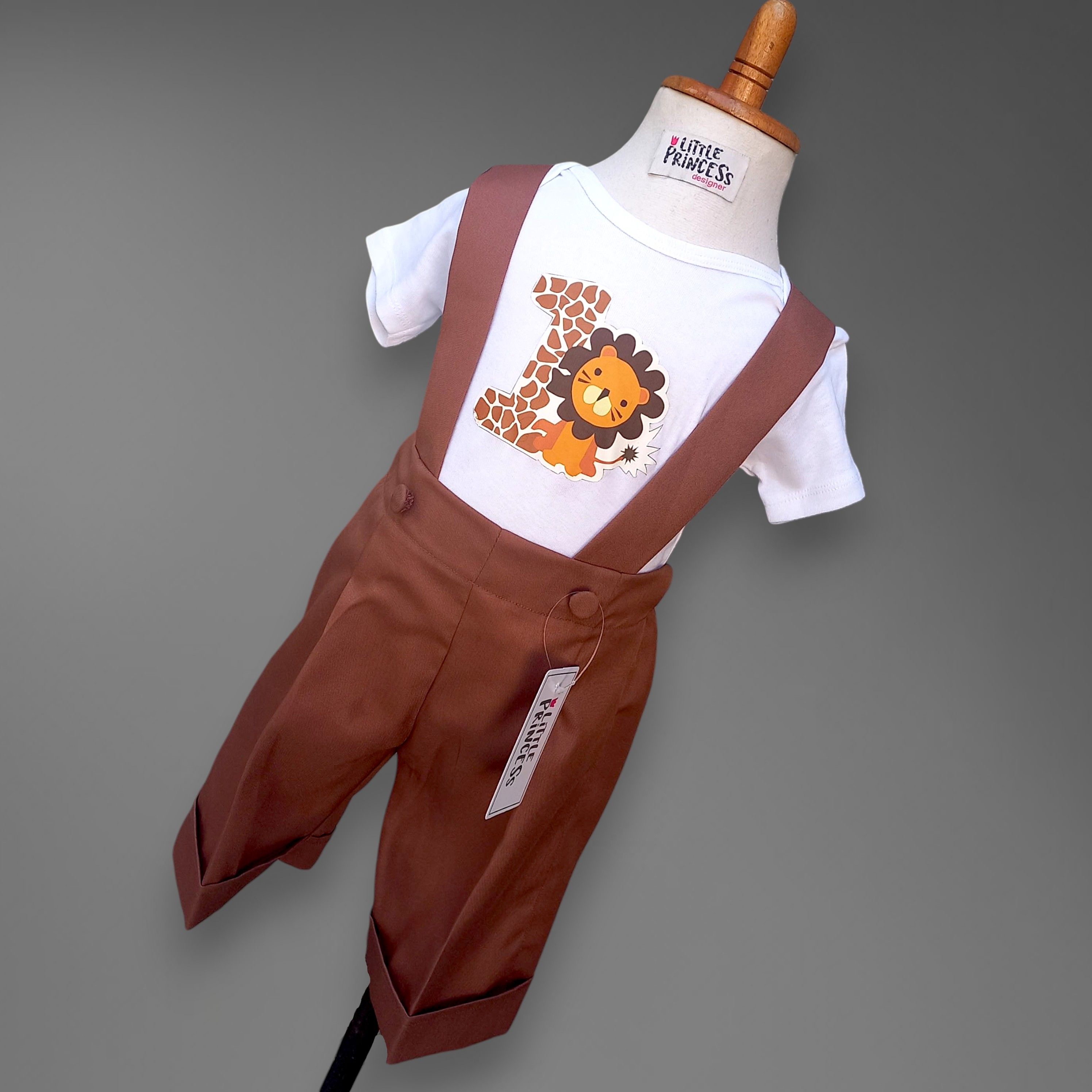 Lion Outfit Boys – handmade boys outfit, cotton shirt with silk suspender shorts, made to order in Pakistan