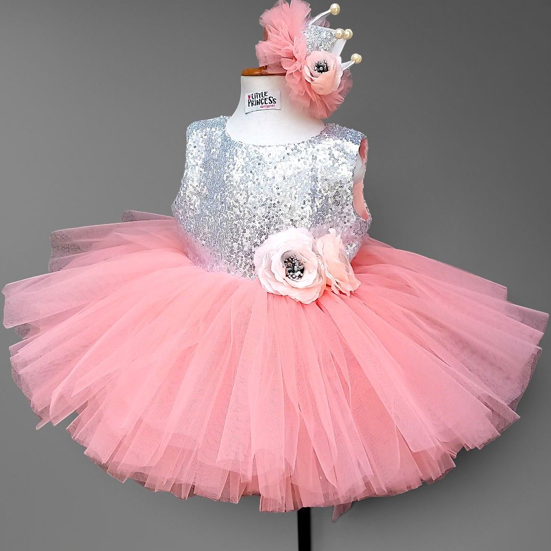 Sequin Peach Tutu Dress – handmade girls outfit, sequin body with a layered net tutu skirt, made to order in Pakistan