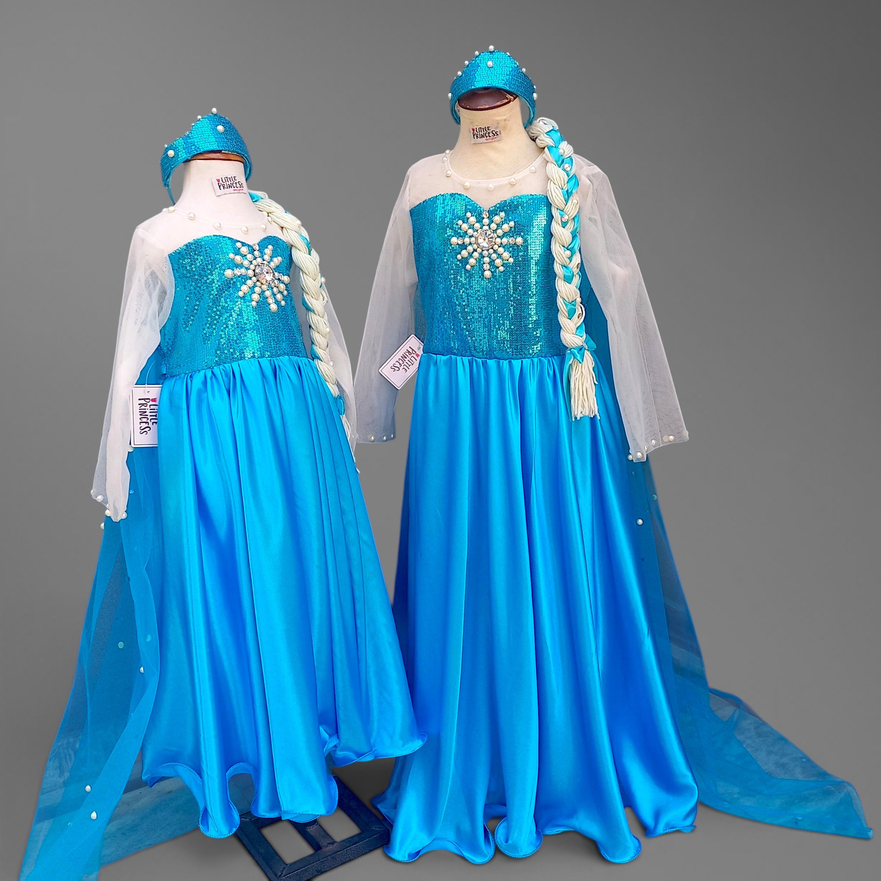 Frozen Dress – handmade girls outfit, sequin and satin silk with net sleeves, made to order in Pakistan