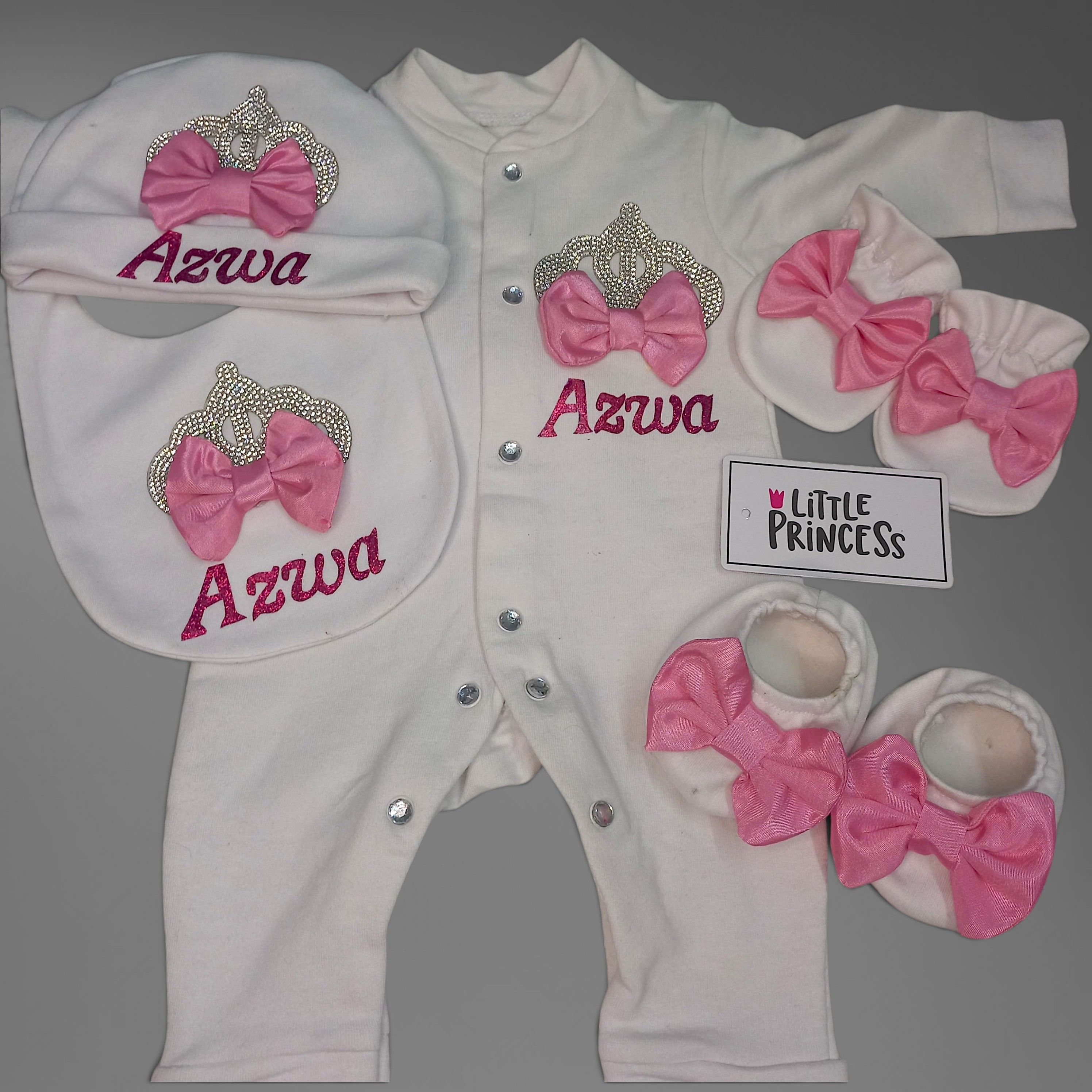 New Born Girl Set (No Wrapping Sheet) – handmade baby outfit, soft cotton with pink trim across all pieces, made to order in Pakistan