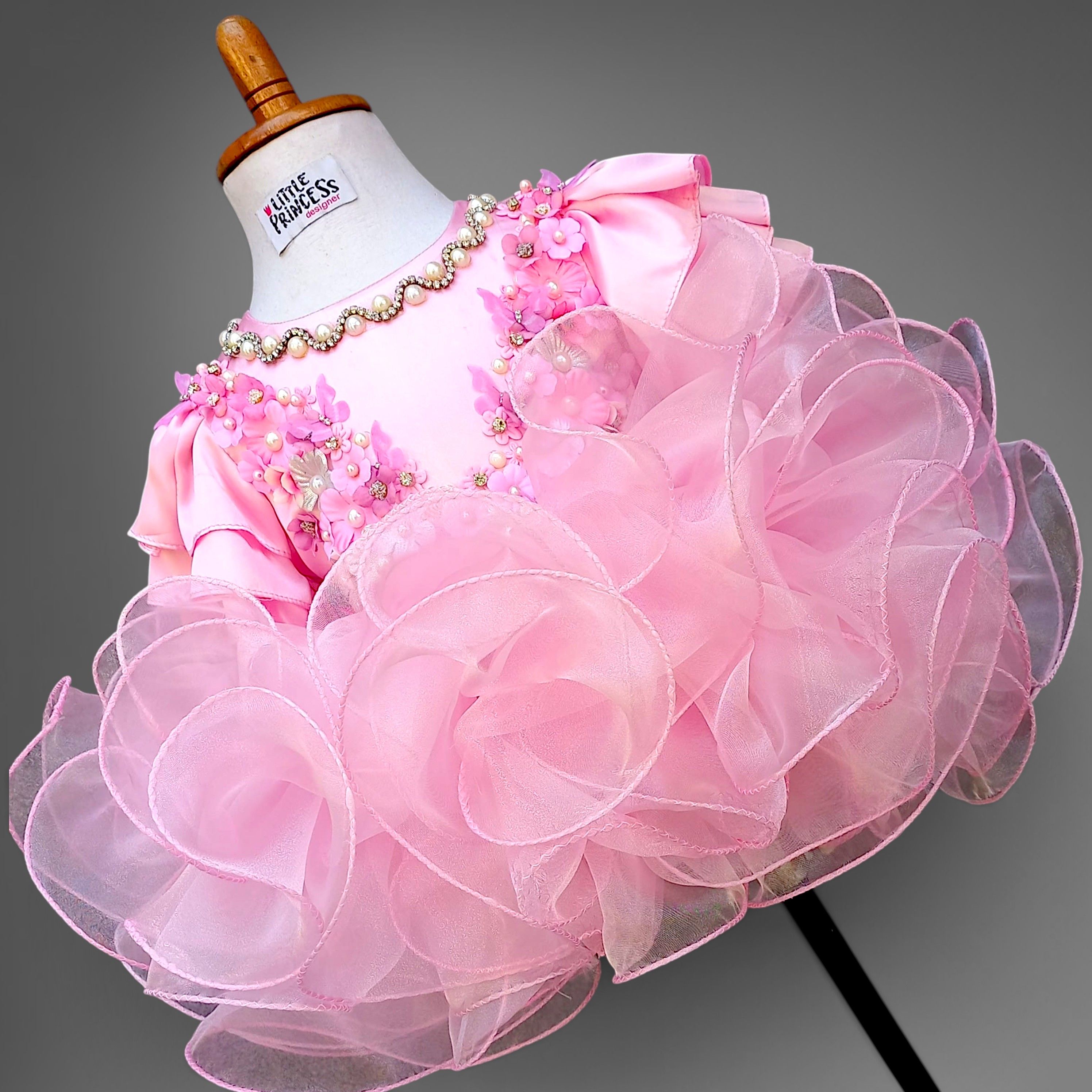 Pink Pageant Dress – handmade girls outfit, silk upper body with a layered organza skirt, made to order in Pakistan