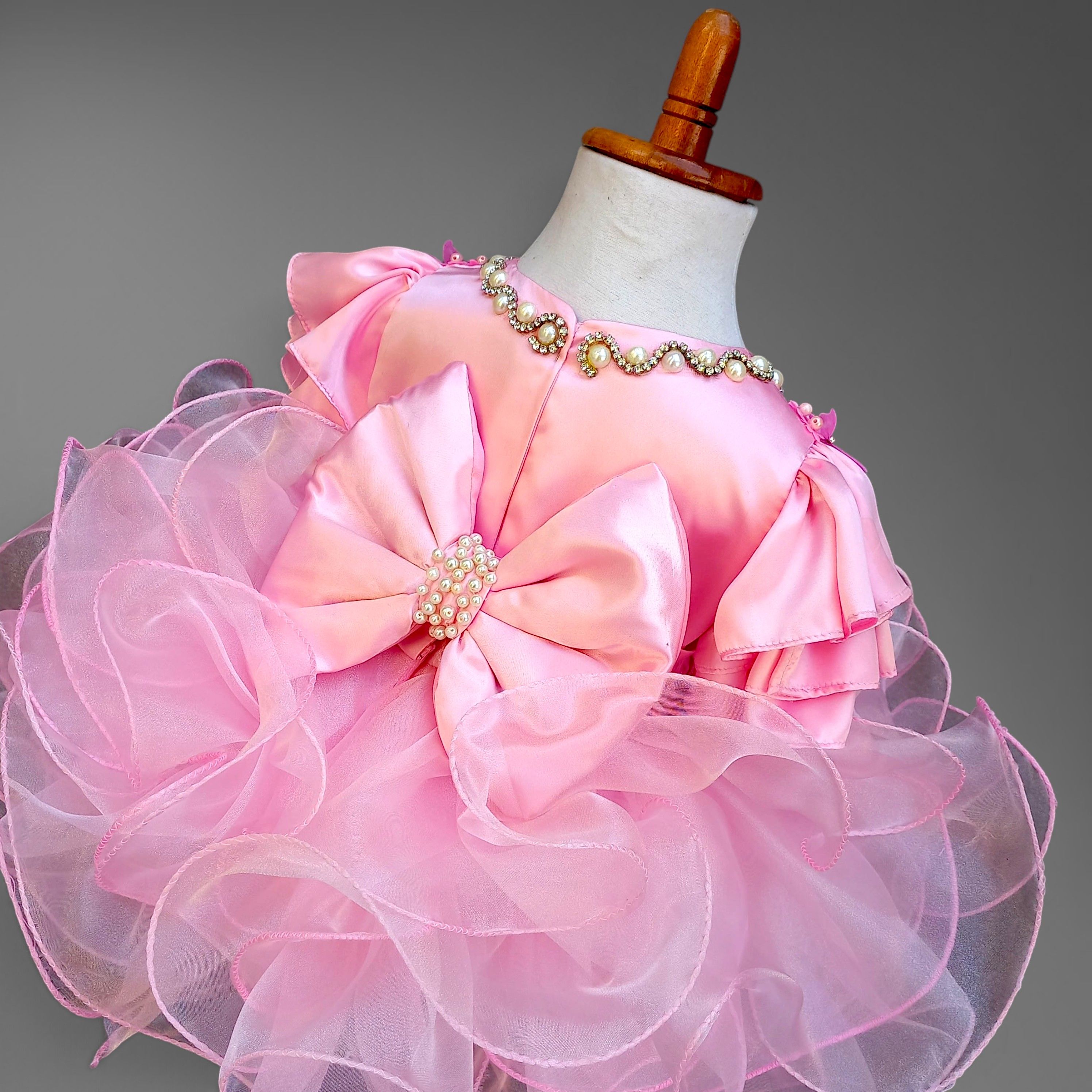 Pink Pageant Dress – handmade girls outfit, silk upper body with a layered organza skirt, made to order in Pakistan