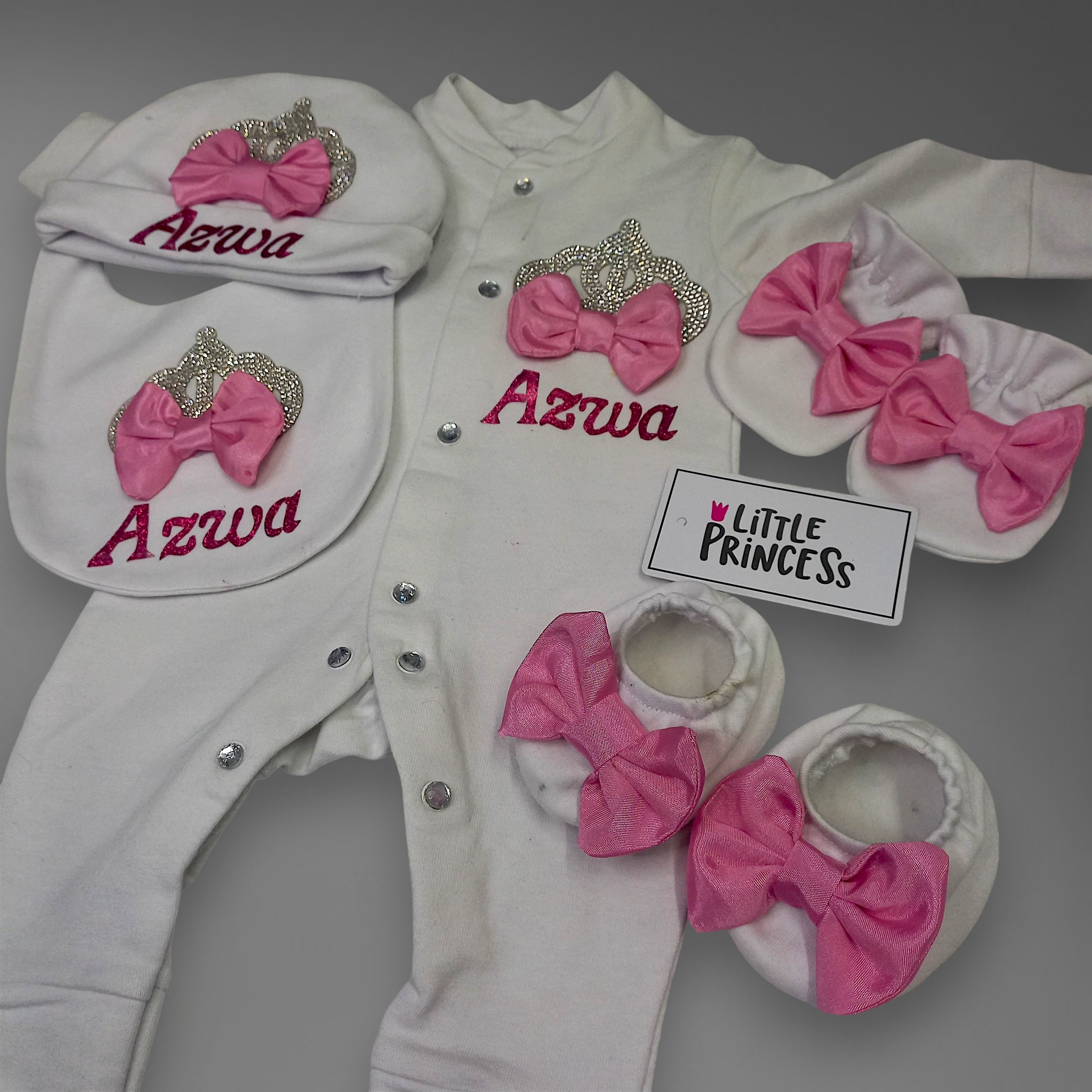 New Born Girl Set (No Wrapping Sheet) – handmade baby outfit, soft cotton with pink trim across all pieces, made to order in Pakistan