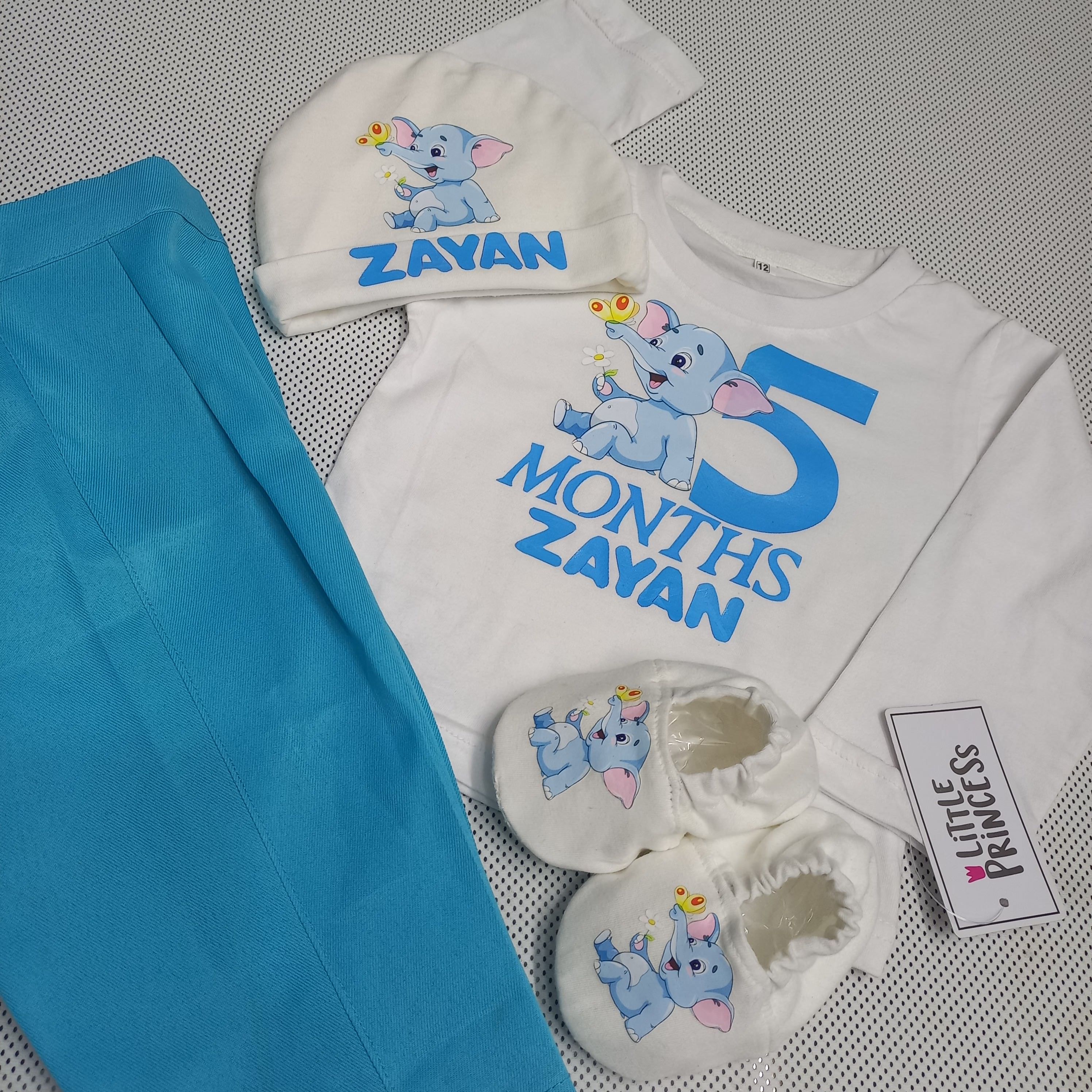 Elephant Baby Set – handmade baby outfit, cotton set with silk pants included, made to order in Pakistan