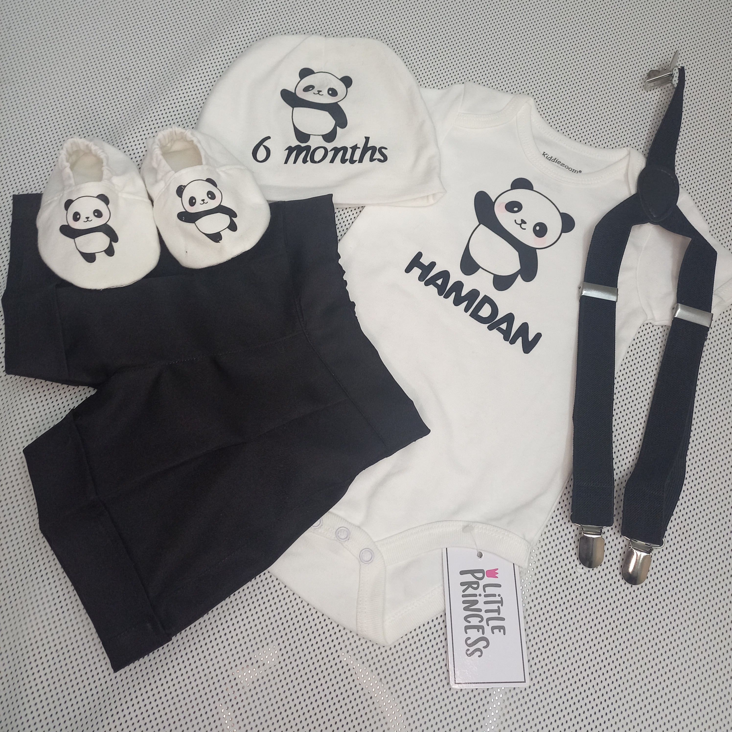 Panda Outfit Boys – handmade boys outfit, cotton shirt with silk suspender shorts, made to order in Pakistan