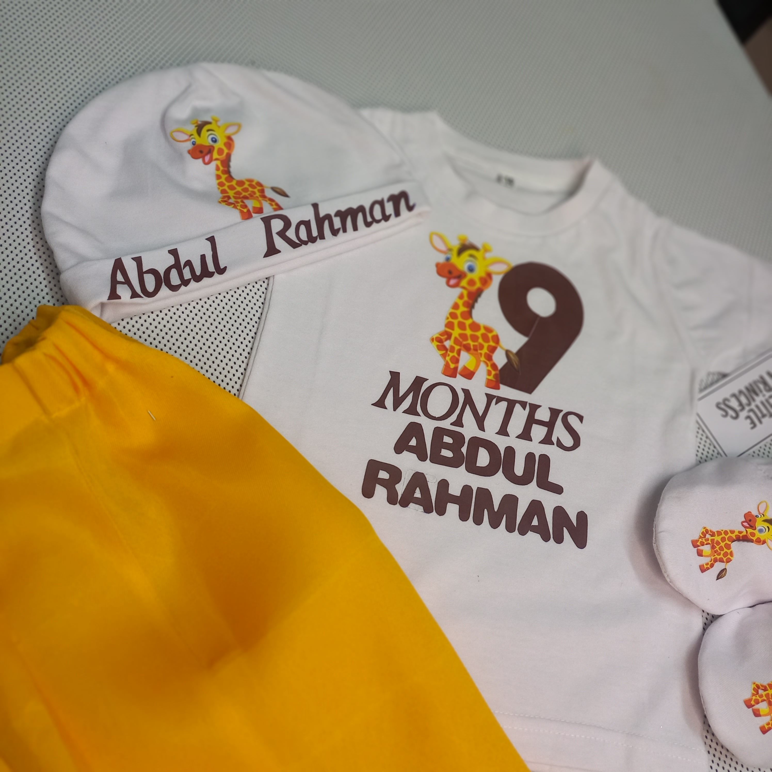 Giraffe Baby Set – handmade baby outfit, cotton set with silk pants included, made to order in Pakistan