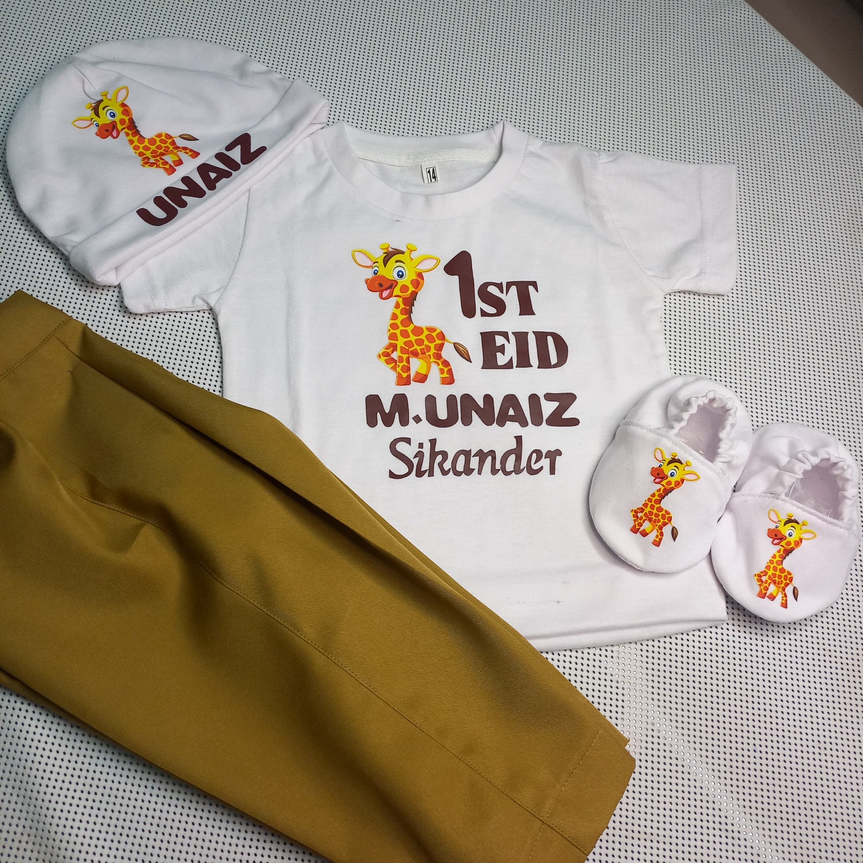 Giraffe Baby Set – handmade baby outfit, cotton set with silk pants included, made to order in Pakistan