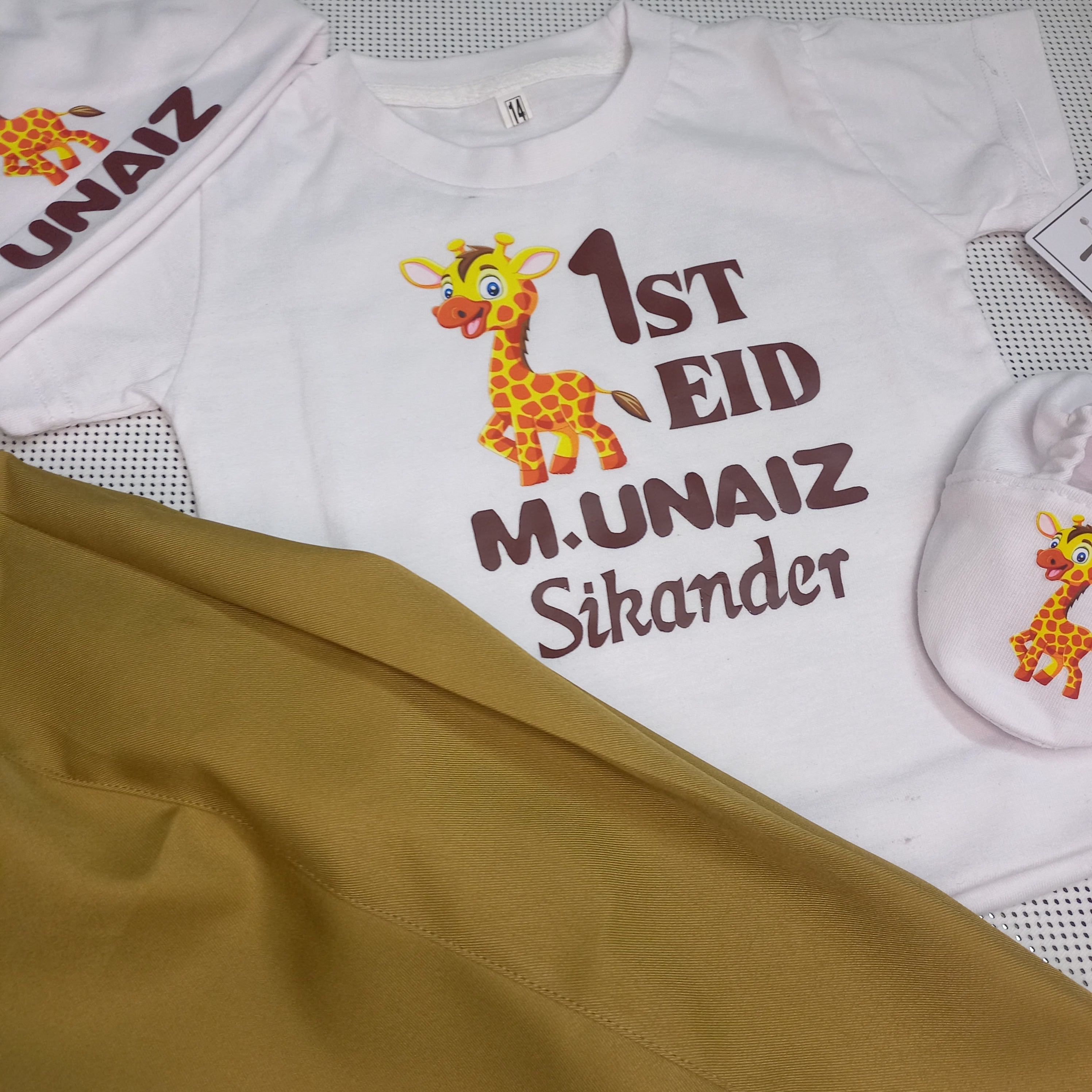Giraffe Baby Set – handmade baby outfit, cotton set with silk pants included, made to order in Pakistan