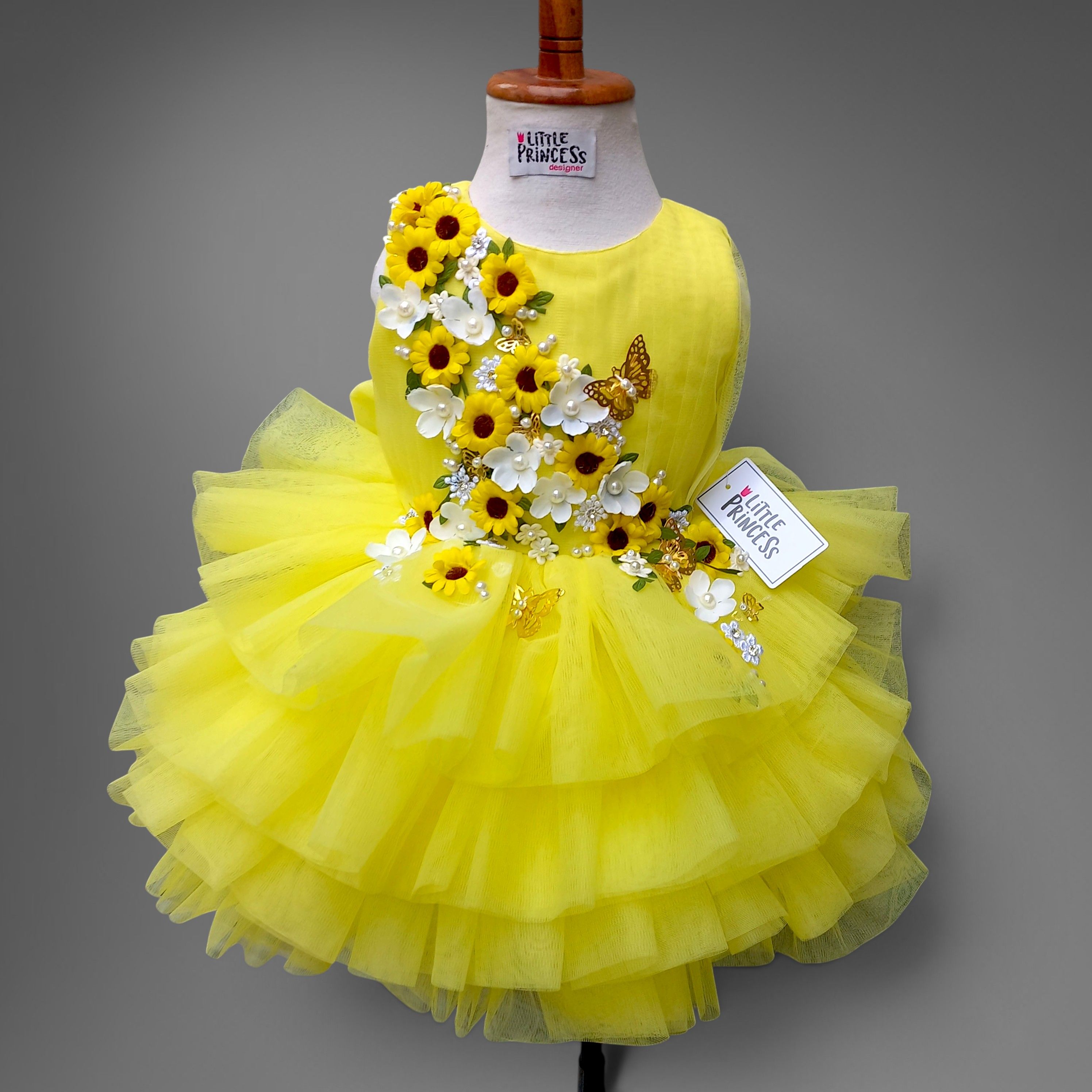Yellow Ruffle Dress – handmade girls outfit, layered ruffled net with tiered detailing, made to order in Pakistan