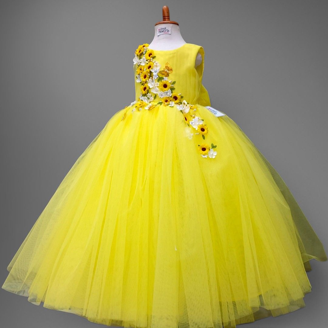 Sunflower Full Gown – handmade girls outfit, layered net over a silk body, made to order in Pakistan