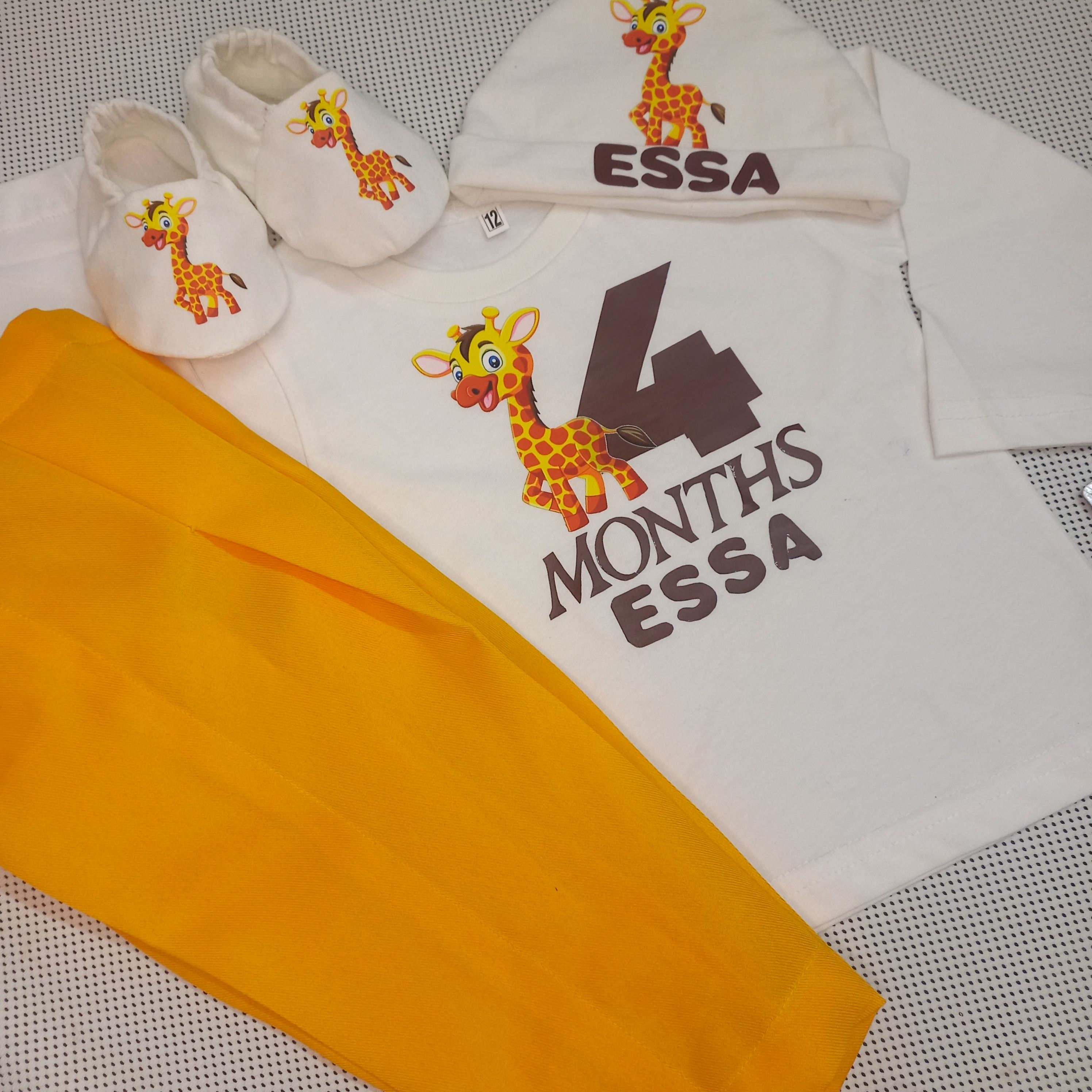 Giraffe Baby Set – handmade baby outfit, cotton set with silk pants included, made to order in Pakistan
