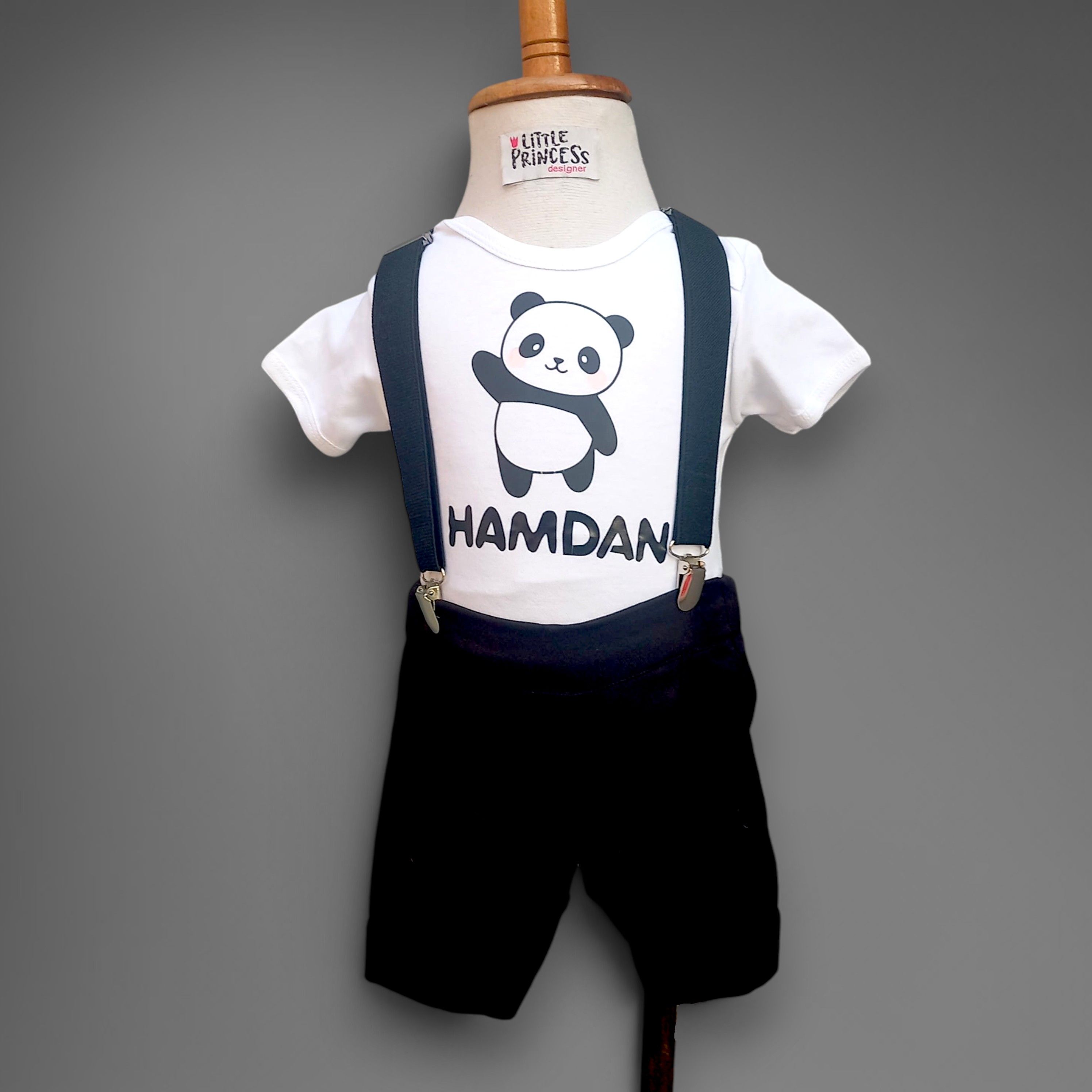 Panda Outfit Boys – handmade boys outfit, cotton shirt with silk suspender shorts, made to order in Pakistan