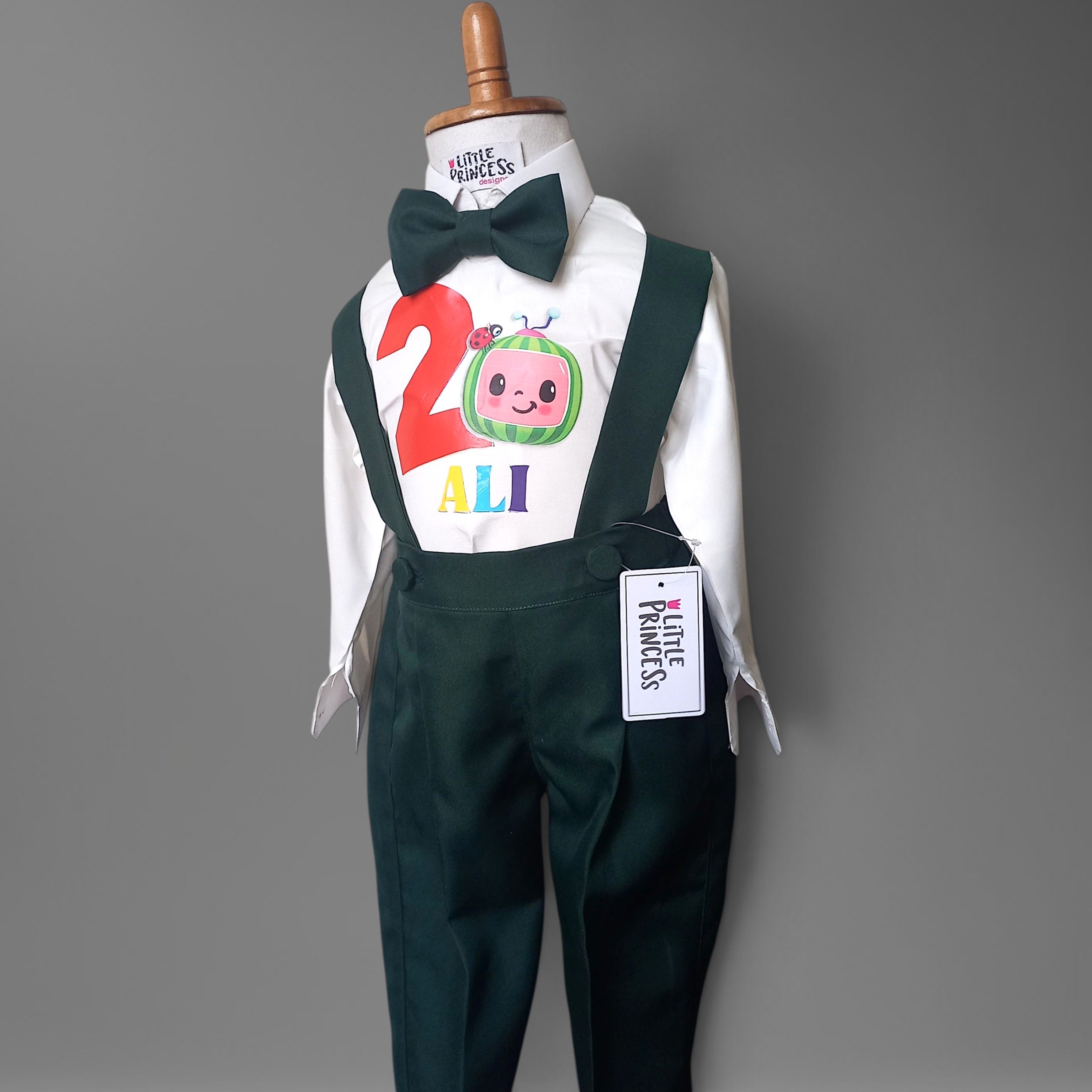 Cocomelon Green Outfit Boys – handmade boys outfit, uniform shirt with silk suspender pants, made to order in Pakistan