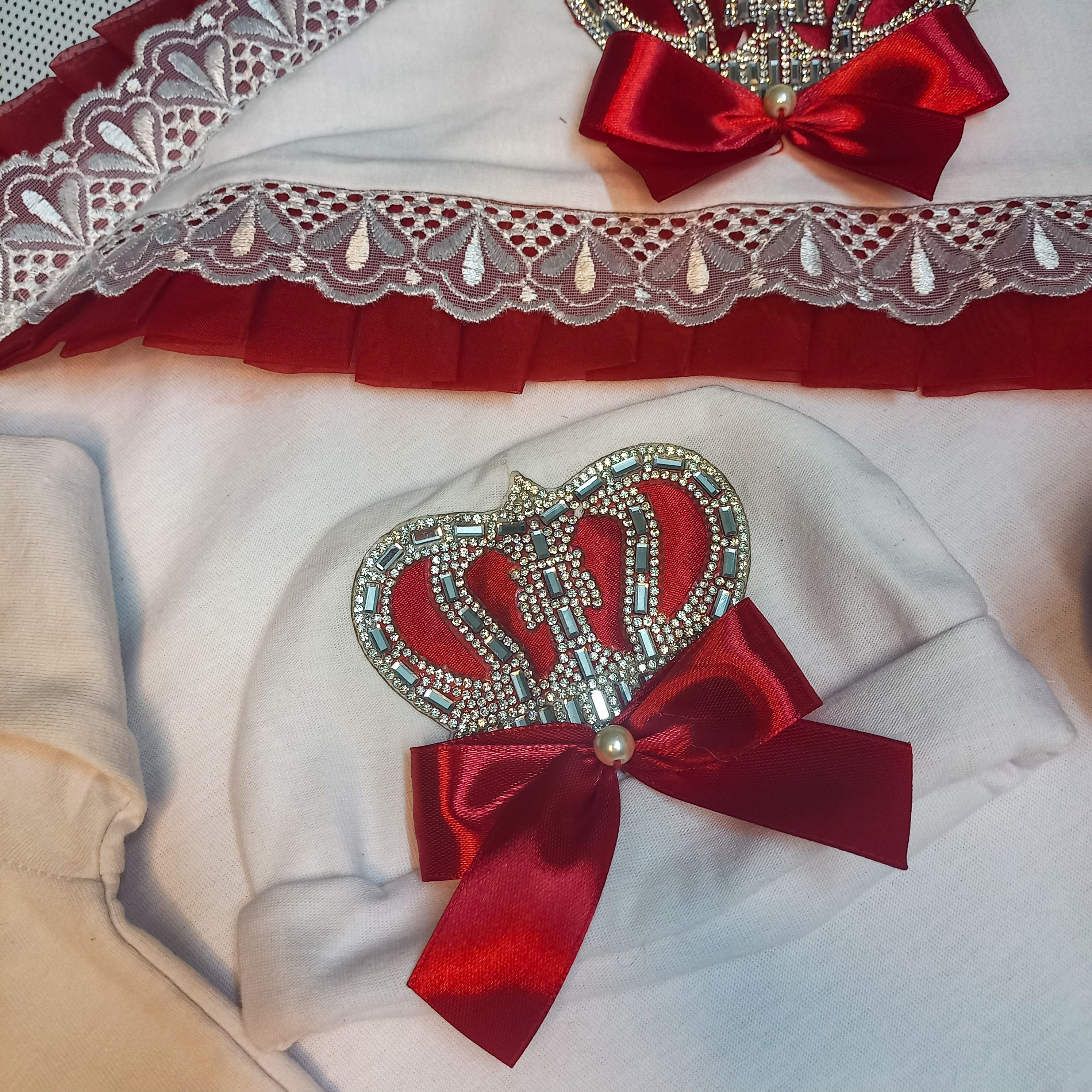Baby Set with Pillow – handmade baby outfit, soft cotton with red trim across all pieces, made to order in Pakistan