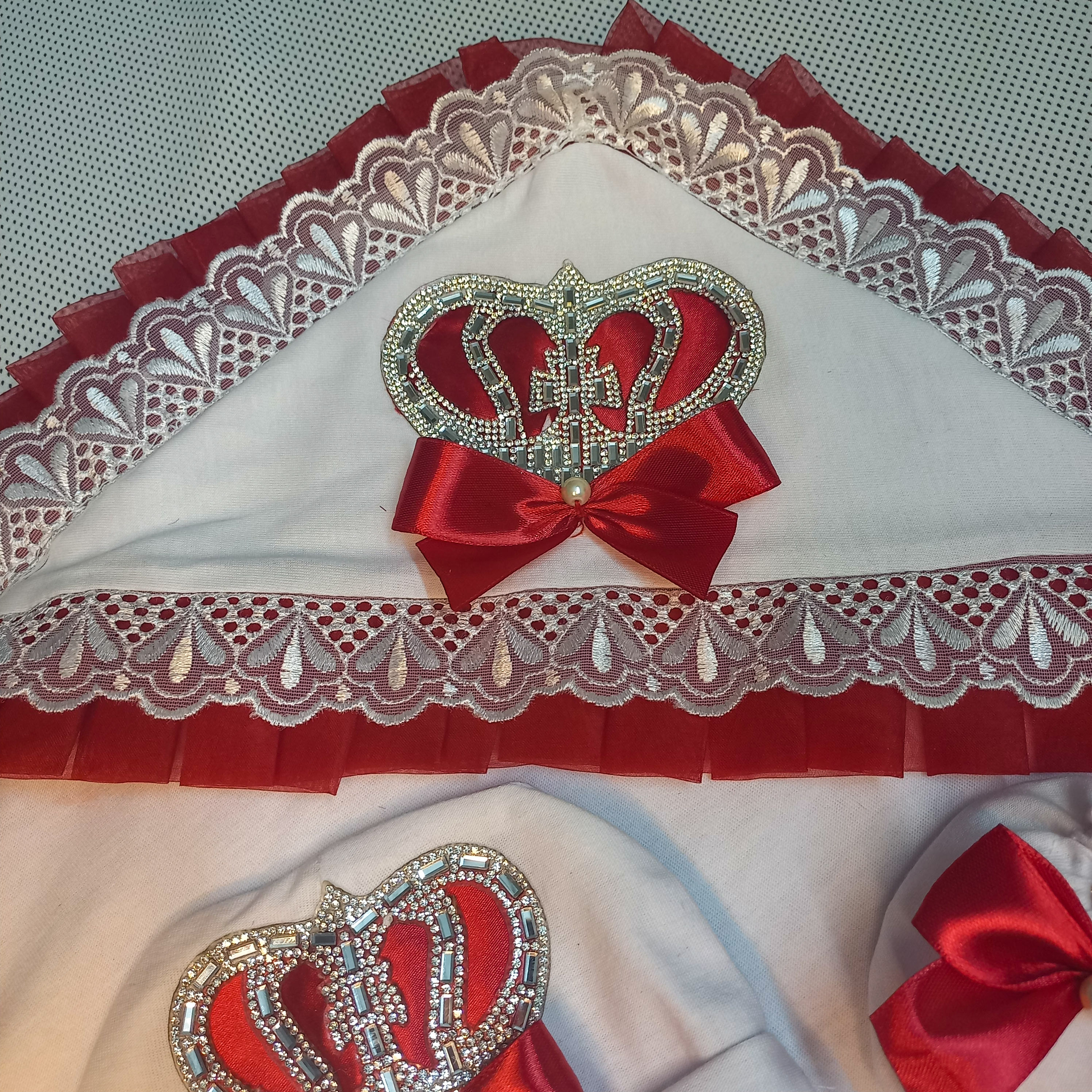 Baby Set with Pillow – handmade baby outfit, soft cotton with red trim across all pieces, made to order in Pakistan
