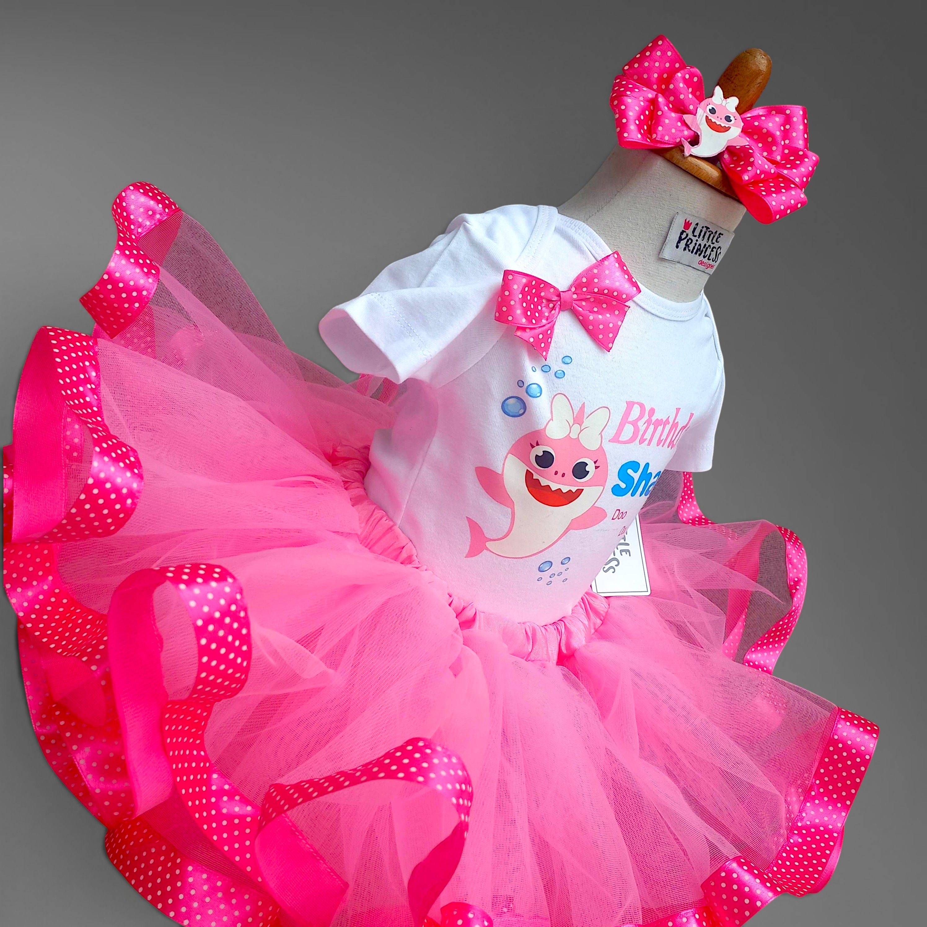 Baby Shark Skirt Shirt – handmade girls outfit, cotton shirt with a net tutu skirt and ribbon straps, made to order in Pakistan
