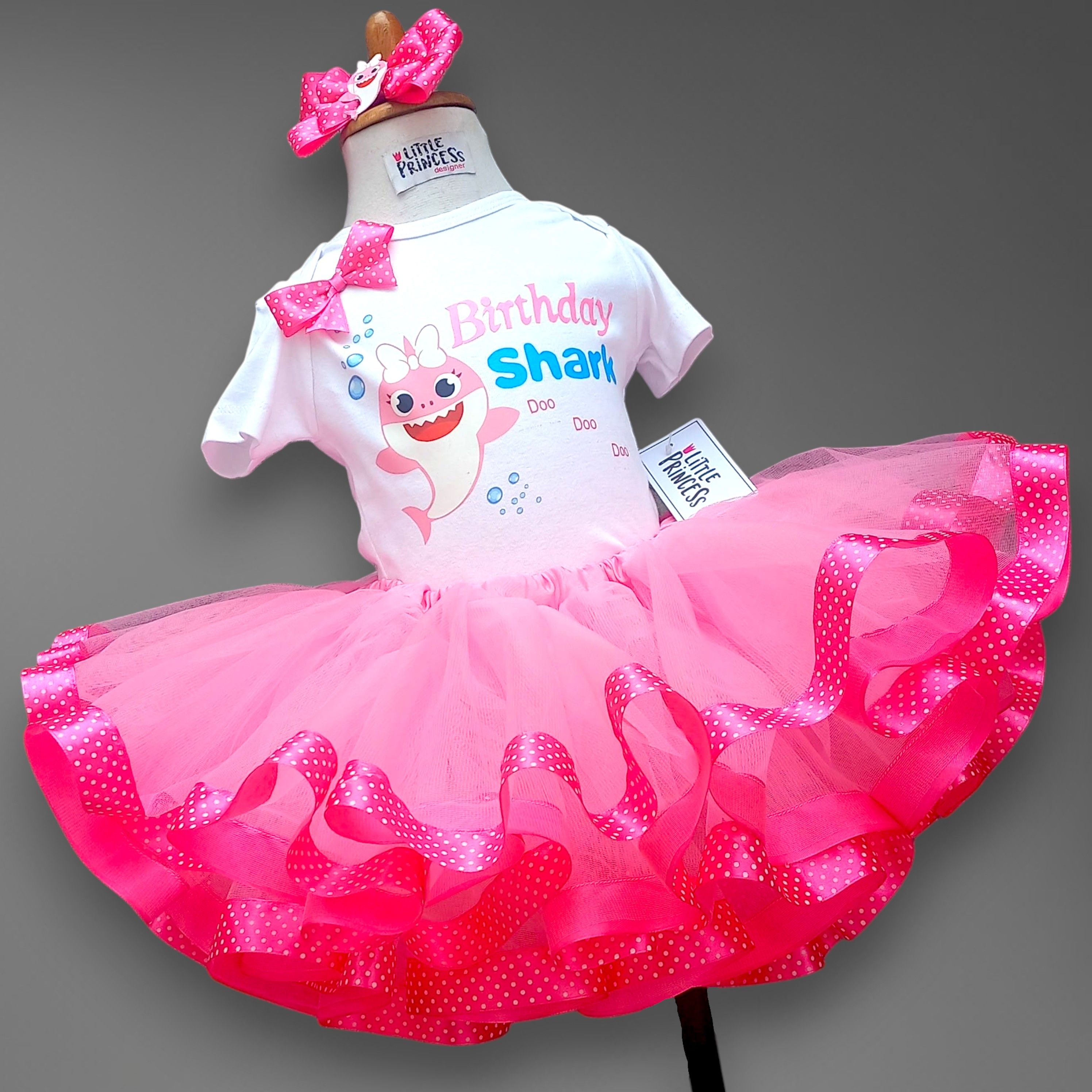 Baby Shark Skirt Shirt – handmade girls outfit, cotton shirt with a net tutu skirt and ribbon straps, made to order in Pakistan