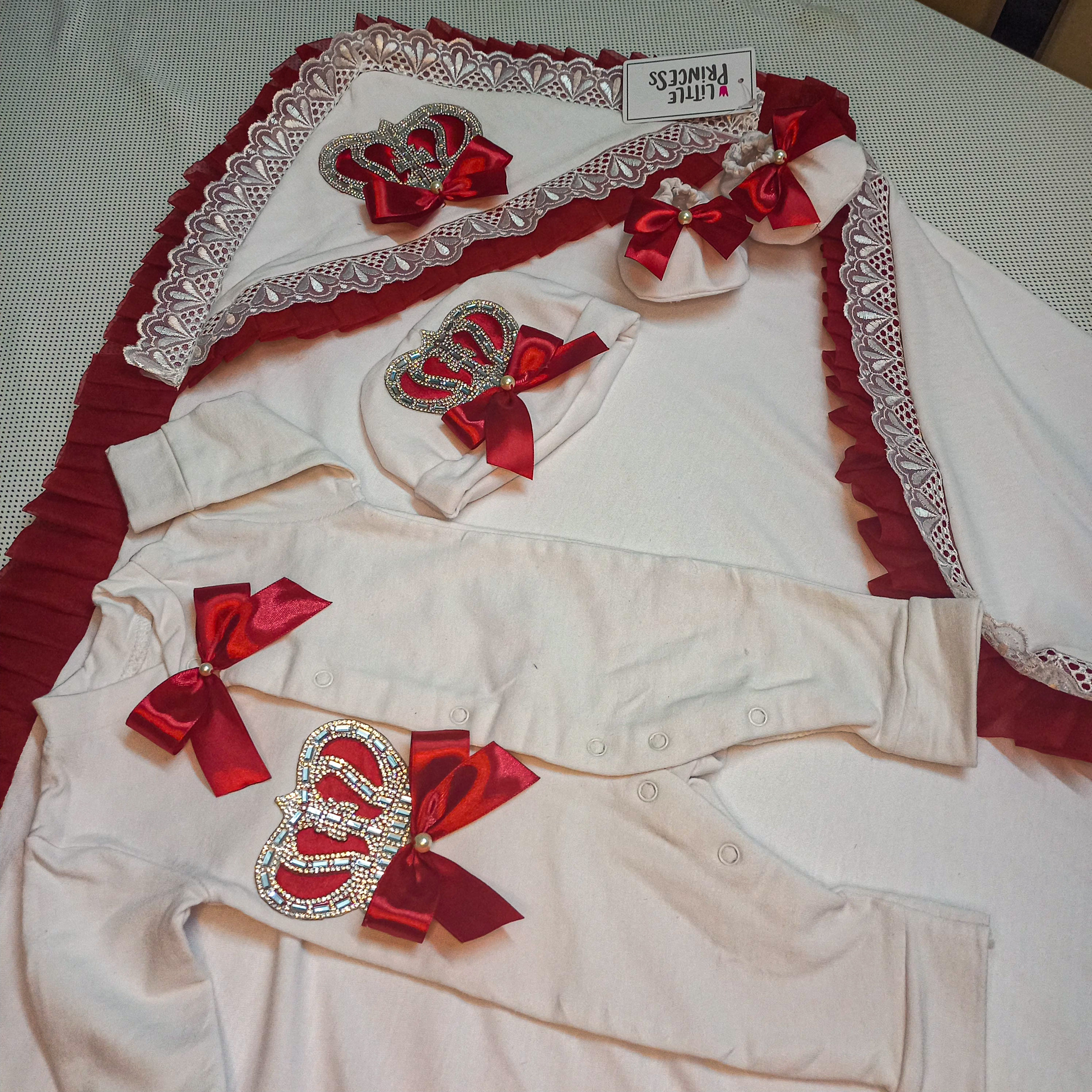 Baby Set with Pillow – handmade baby outfit, soft cotton with red trim across all pieces, made to order in Pakistan
