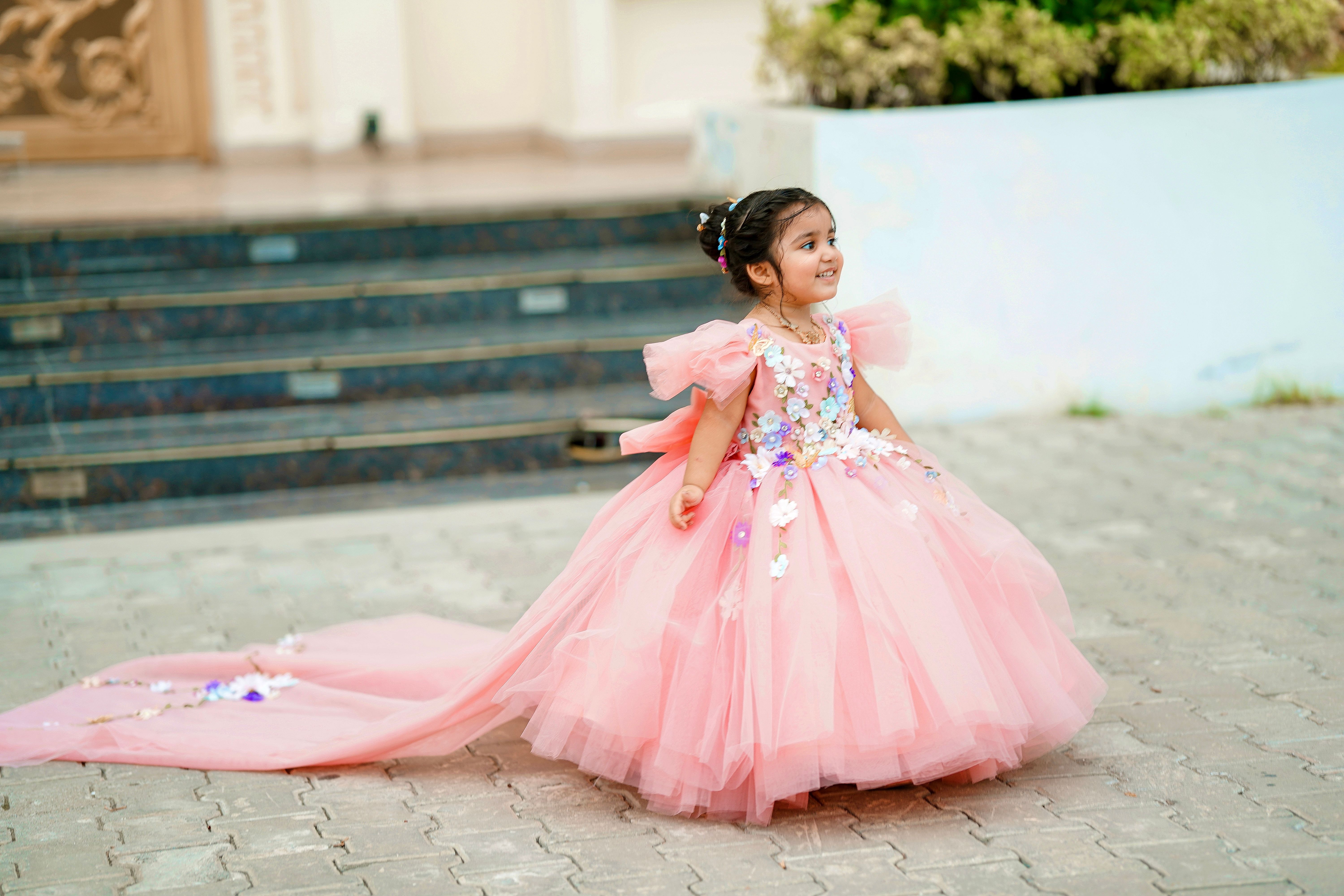 Spring Peach Dress – handmade girls outfit, silk body with a layered net skirt, made to order in Pakistan