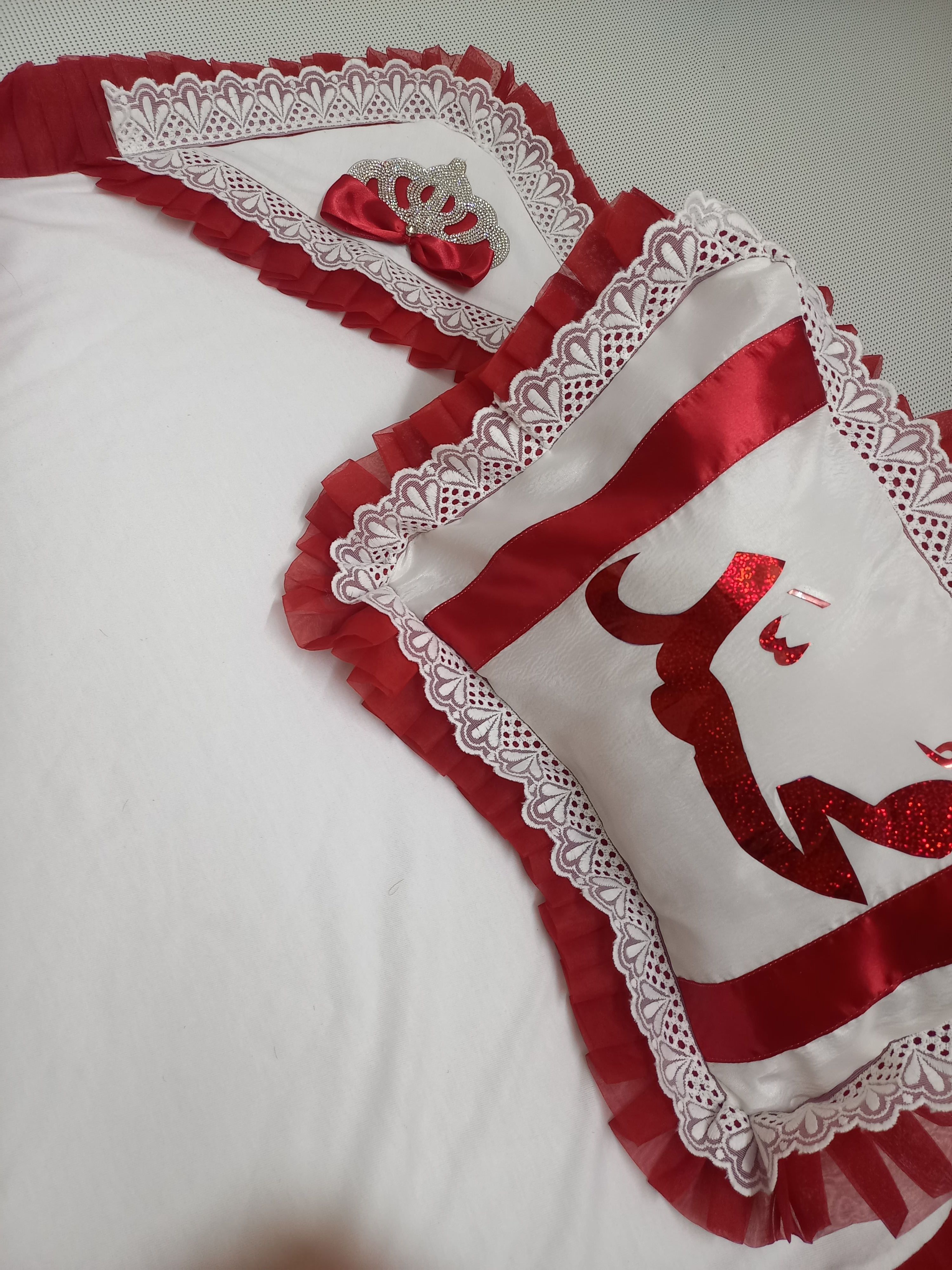 Baby Set with Pillow – handmade baby outfit, soft cotton with red trim across all pieces, made to order in Pakistan