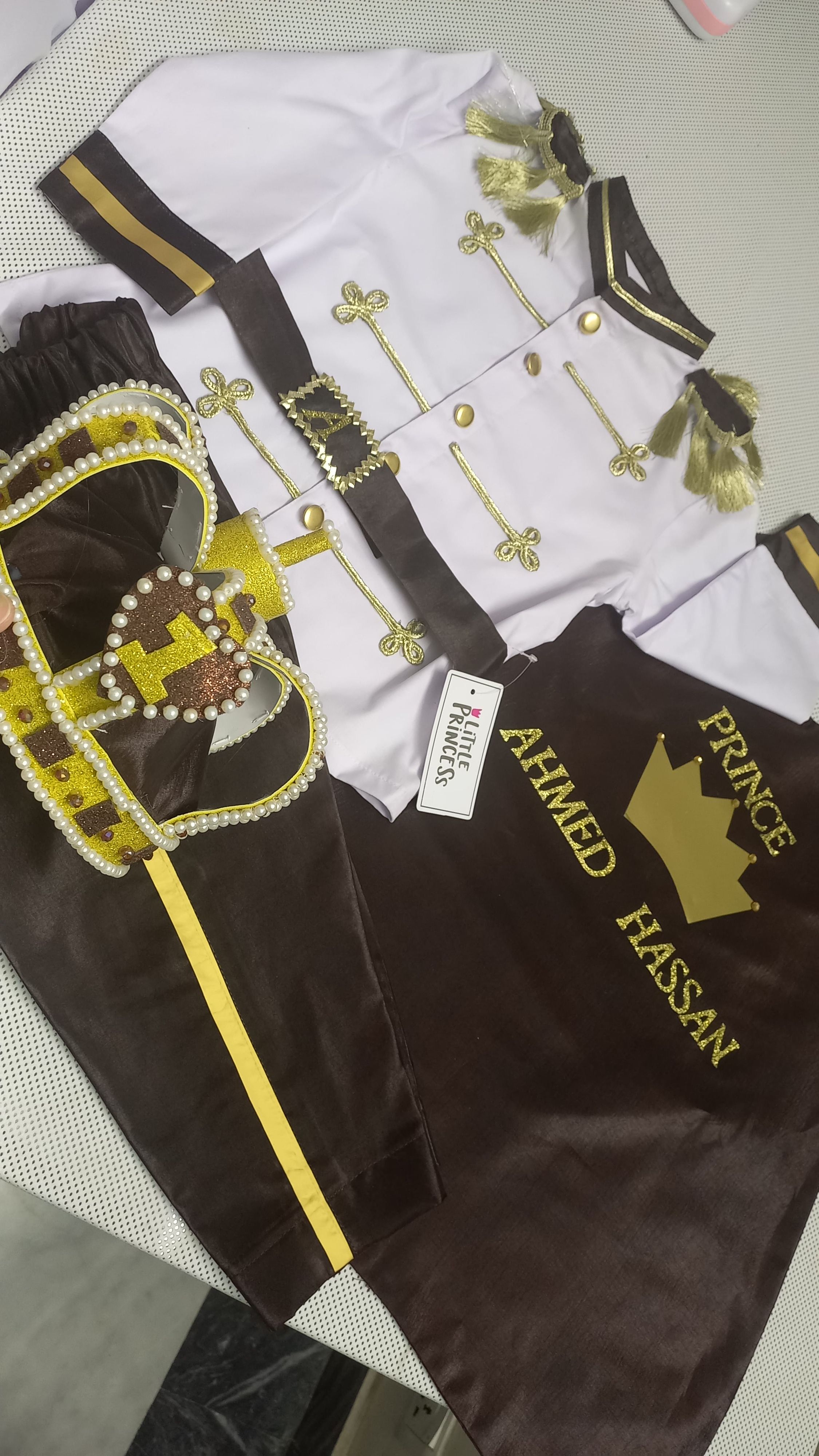 Brown King Crown Prince Dress (5 Piece) – handmade boys outfit, uniform shirt with silk trousers and cape, made to order in Pakistan